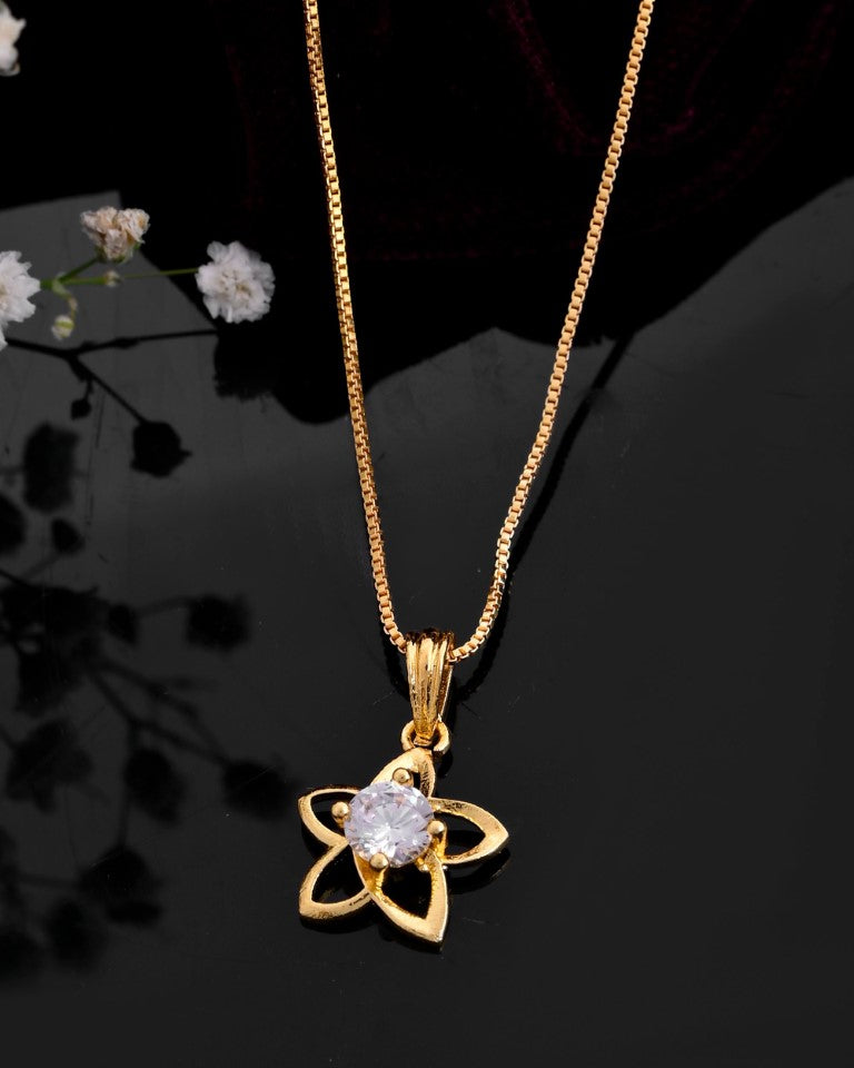 VOJ Gold-Polished Flower Shaped Ad Studded Pendant With Chain  Grab2Buy VOJ Grab2Buy