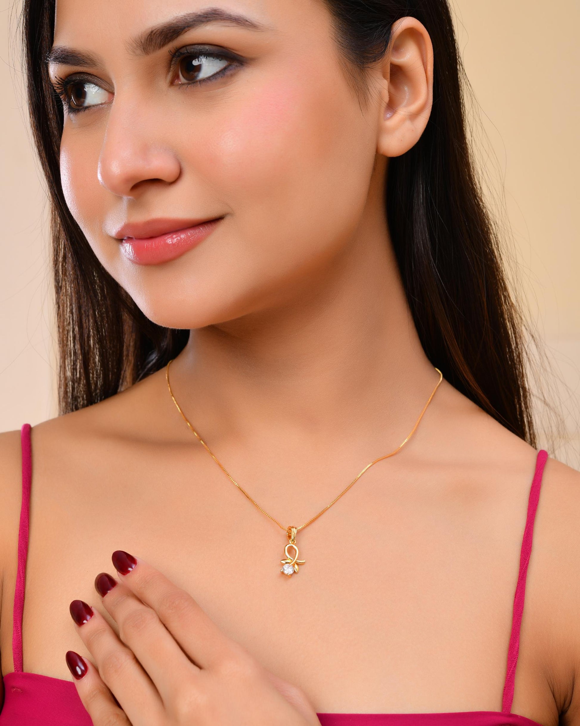 VOJ Gold-Polished Flower Shaped Ad Studded Pendant With Chain  Grab2Buy VOJ Grab2Buy
