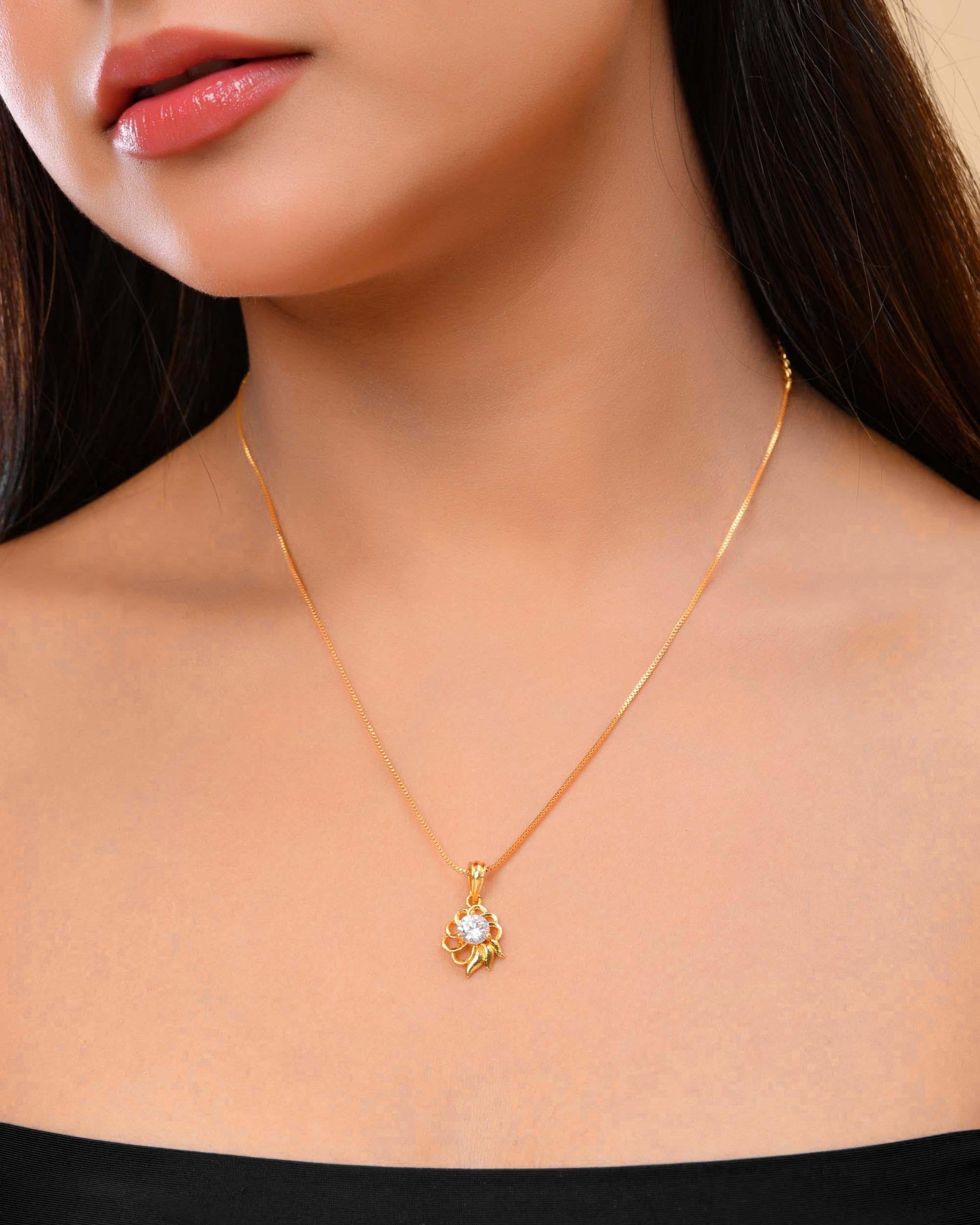 VOJ Gold-Polished Flower Shaped Ad Studded Pendant With Chain  Grab2Buy VOJ Grab2Buy
