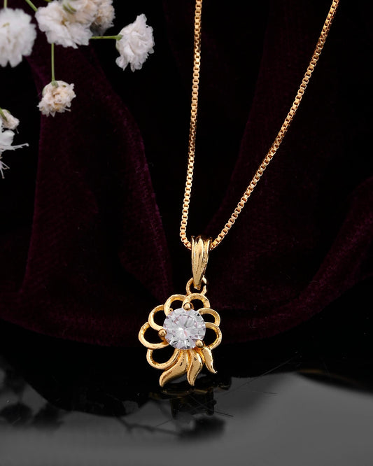 VOJ Gold-Polished Flower Shaped Ad Studded Pendant With Chain  Grab2Buy VOJ Grab2Buy