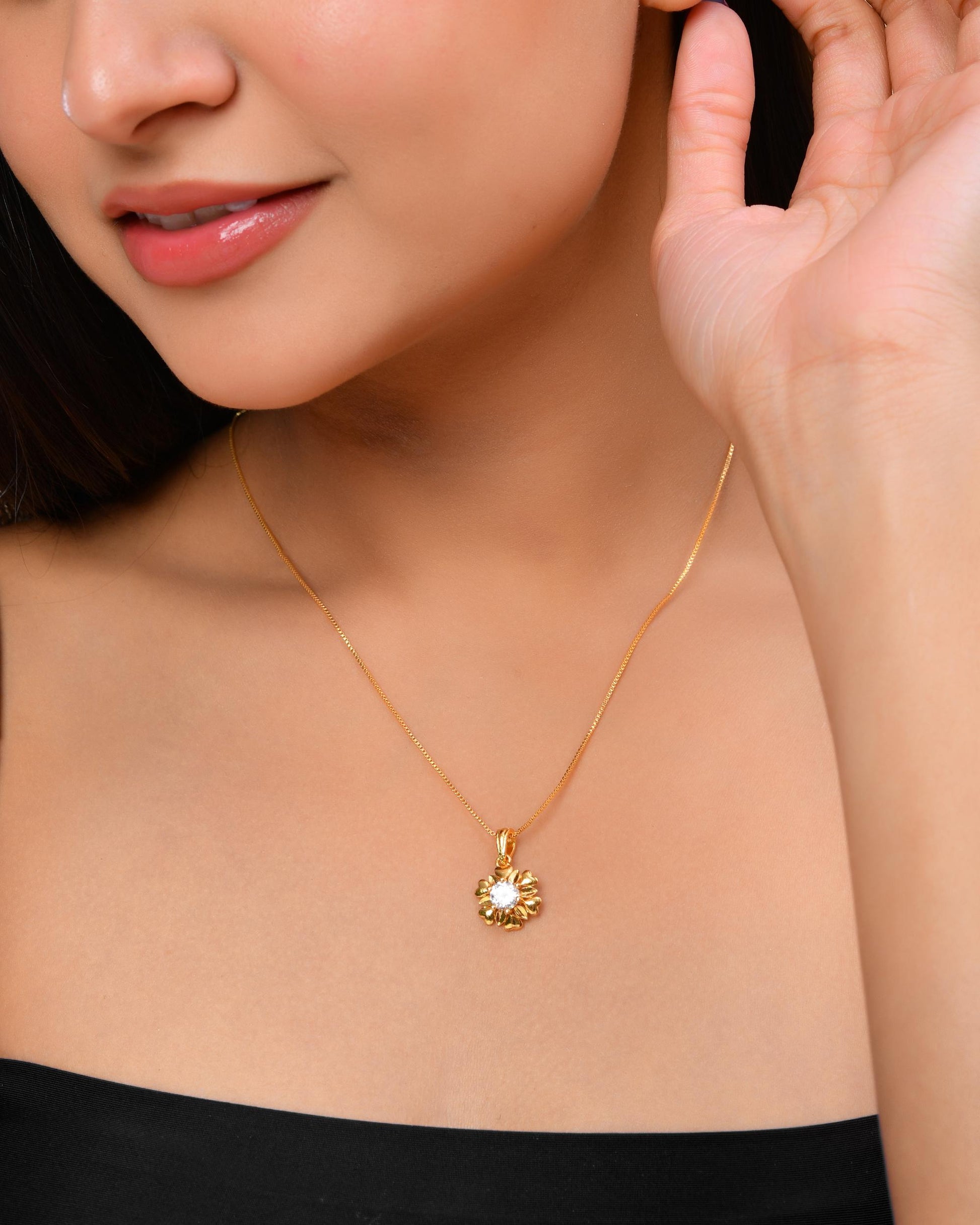 VOJ Gold-Polished Apple Shaped Ad Studded Pendant With Chain VOJ (Valley Of Jewellery)