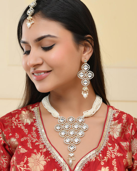 VOJ Gold-Polished Stone With White Beaded Long Jewellery Set VOJ (Valley Of Jewellery)