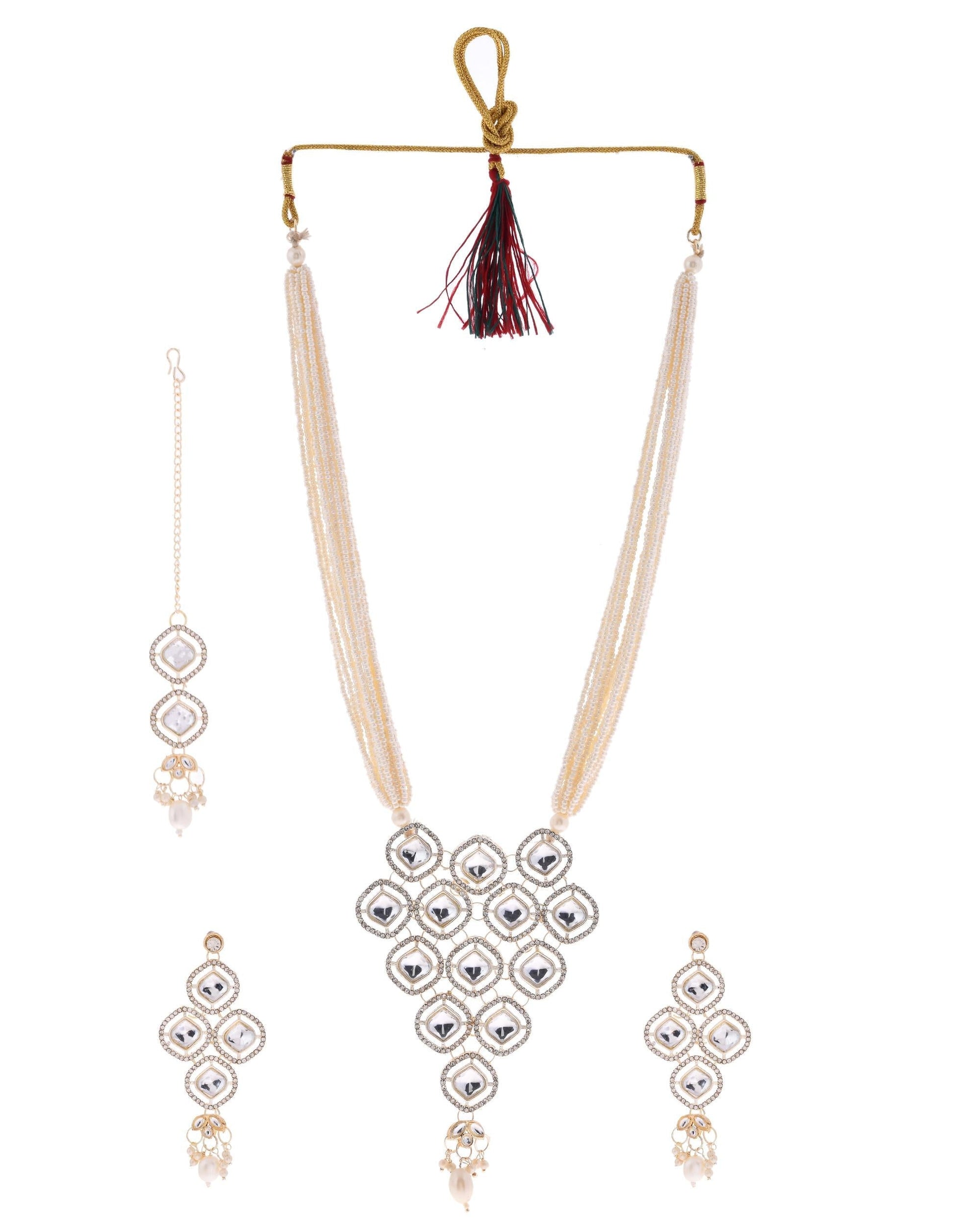 VOJ Gold-Polished Stone With White Beaded Long Jewellery Set - Swadesiicart