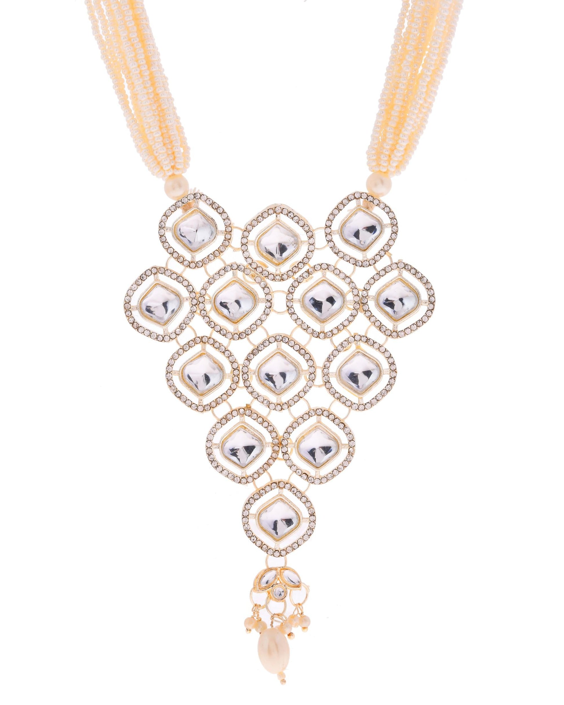 VOJ Gold-Polished Stone With White Beaded Long Jewellery Set VOJ (Valley Of Jewellery)