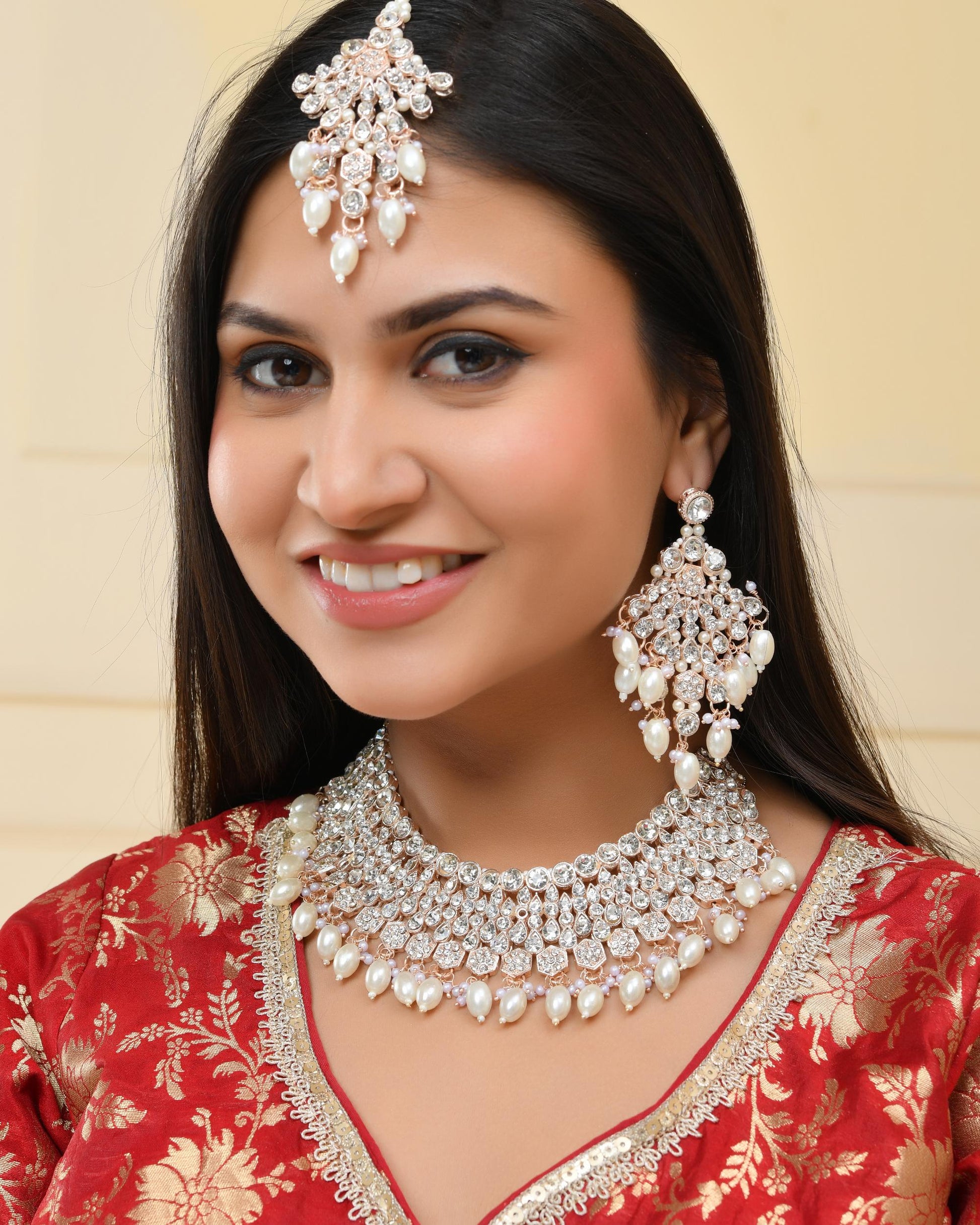 VOJ Gold-Polished Stone Studded Choker Jewellery Set With Maang Tikka VOJ (Valley Of Jewellery)