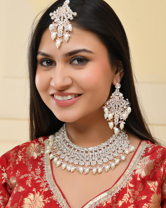 VOJ Gold-Polished Stone Studded Choker Jewellery Set With Maang Tikka VOJ (Valley Of Jewellery)