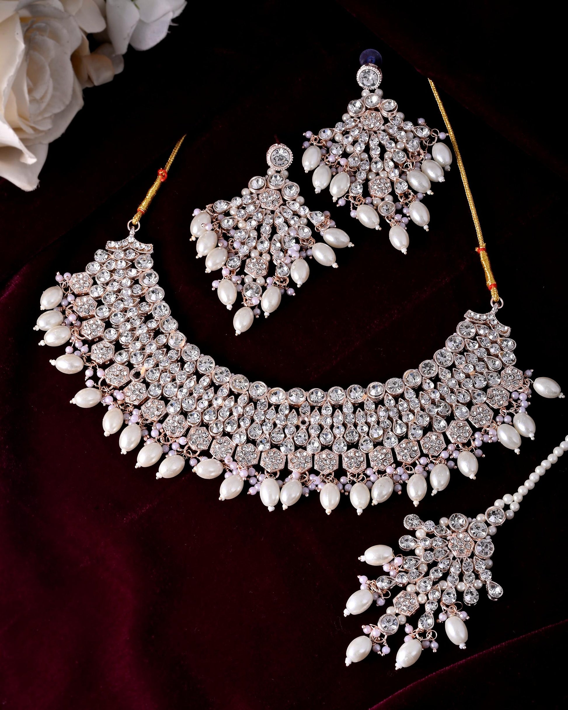 VOJ Gold-Polished Stone Studded Choker Jewellery Set With Maang Tikka VOJ (Valley Of Jewellery)