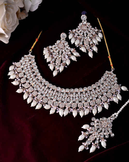 VOJ Gold-Polished Stone Studded Choker Jewellery Set With Maang Tikka VOJ (Valley Of Jewellery)