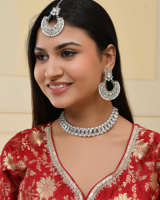 VOJ Silver Plated Stone Studded Jewellery Set With Maang Tikka VOJ (Valley Of Jewellery)