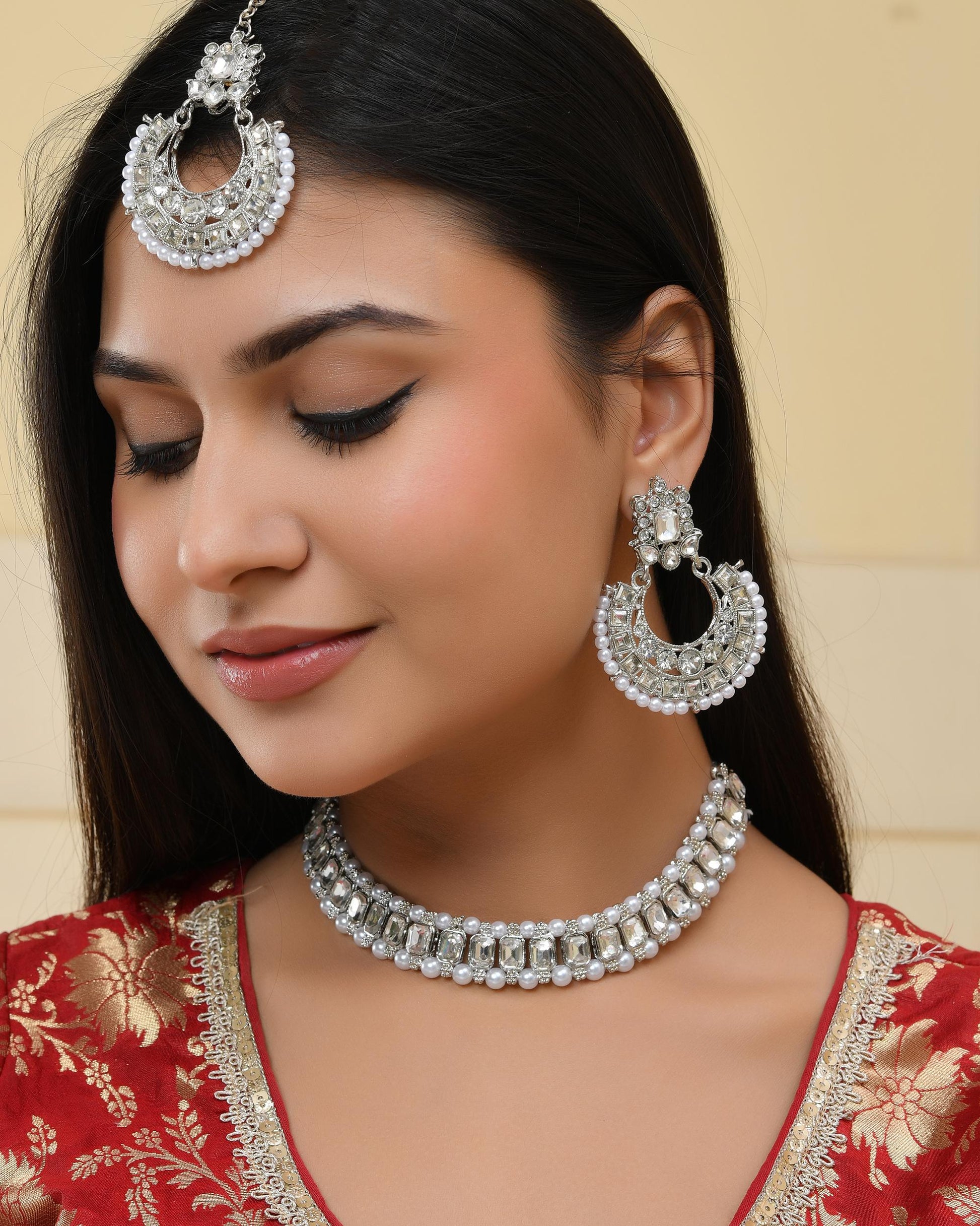 VOJ Silver Plated Stone Studded Jewellery Set With Maang Tikka VOJ (Valley Of Jewellery)
