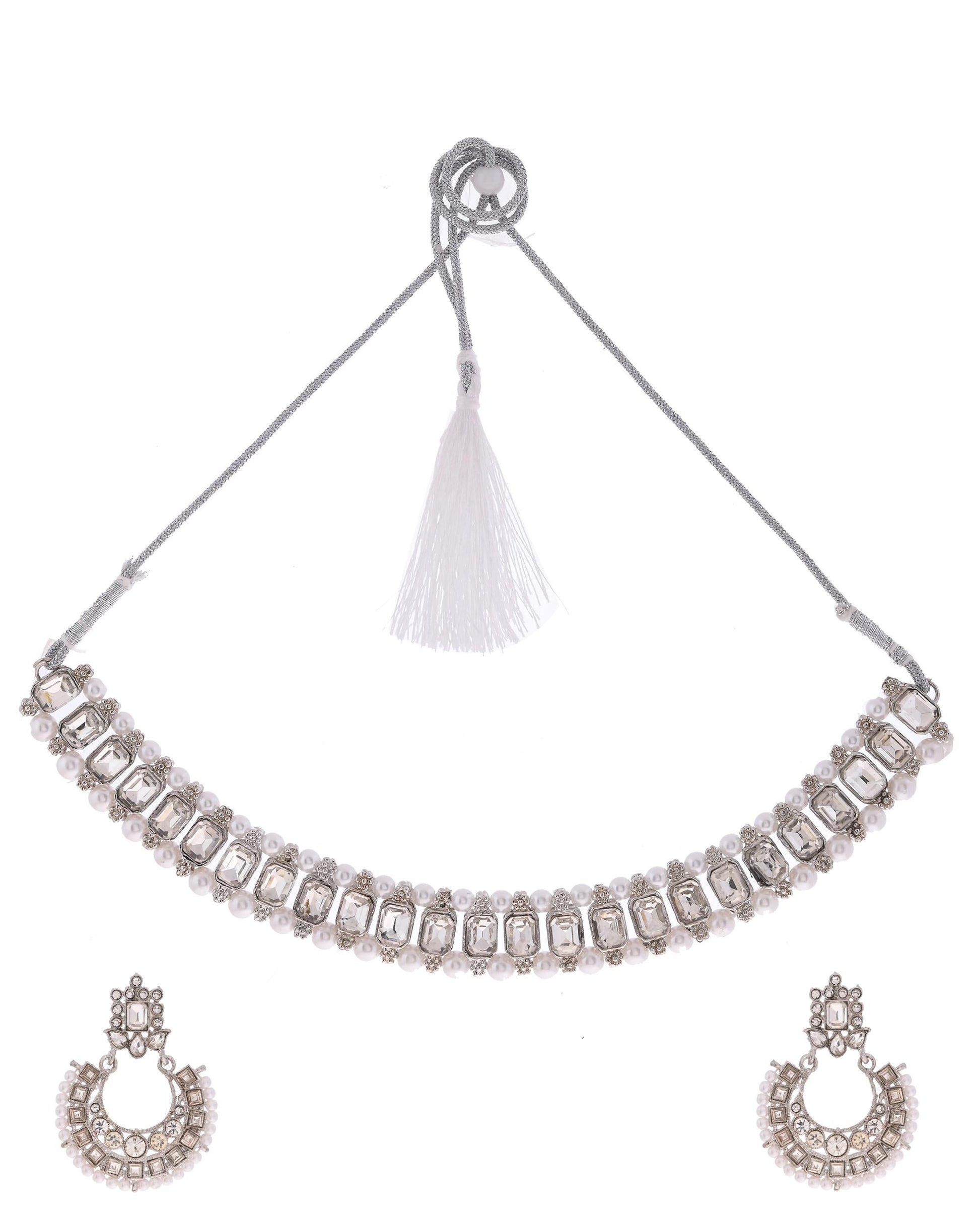 VOJ Silver Plated Stone Studded Jewellery Set With Maang Tikka VOJ (Valley Of Jewellery)