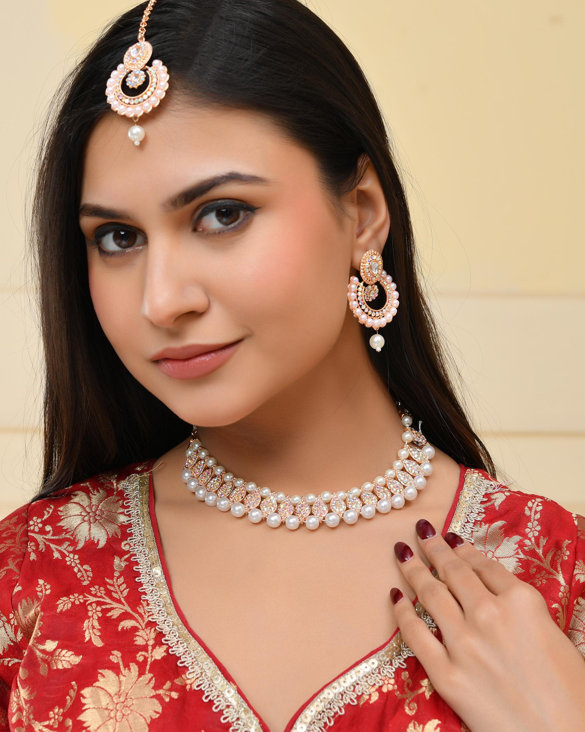 VOJ Gold-Polished Stone And White Beaded Choker Jewellery Set With Maang Tikka 
