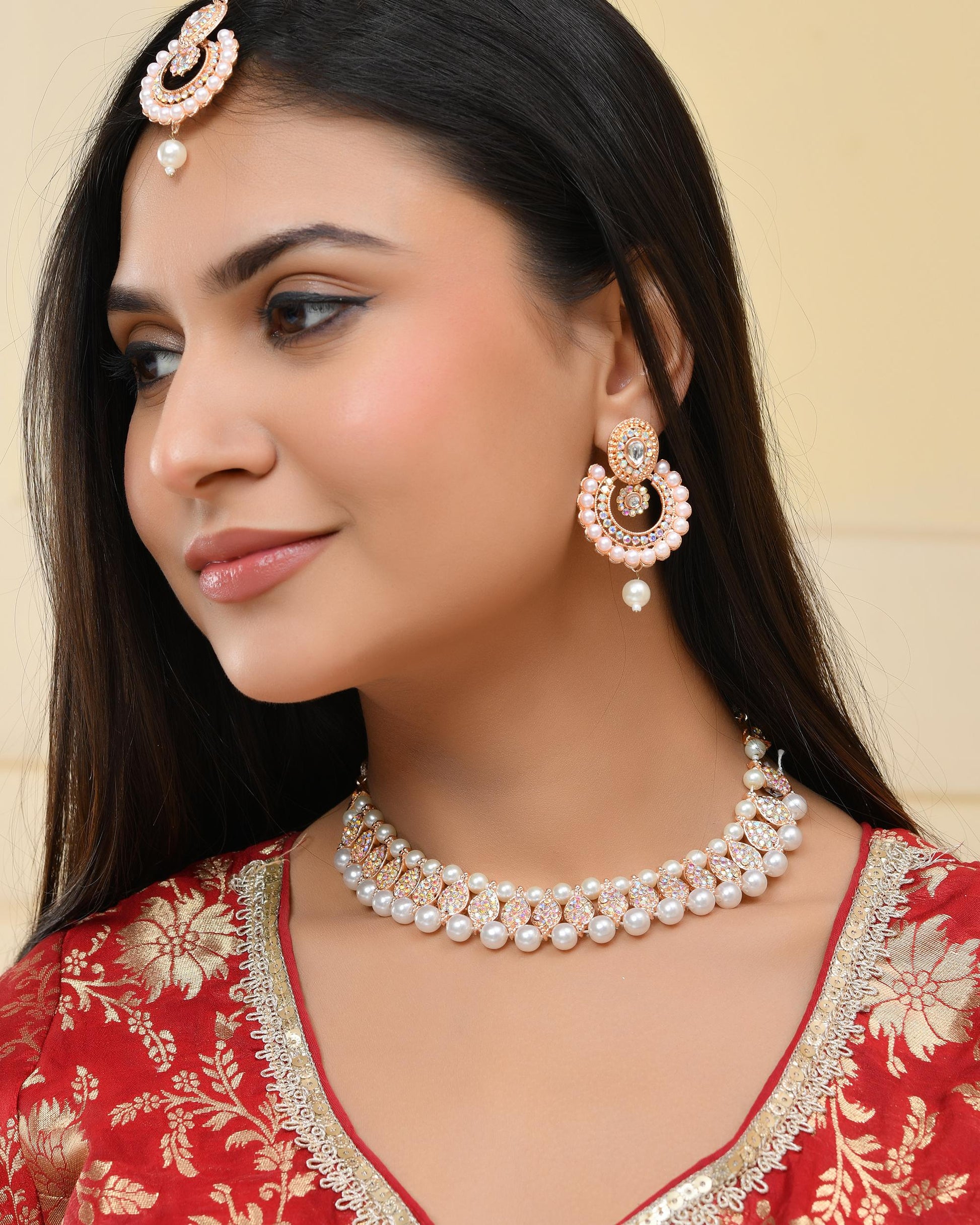 VOJ Gold-Polished Stone And White Beaded Choker Jewellery Set With Maang Tikka 