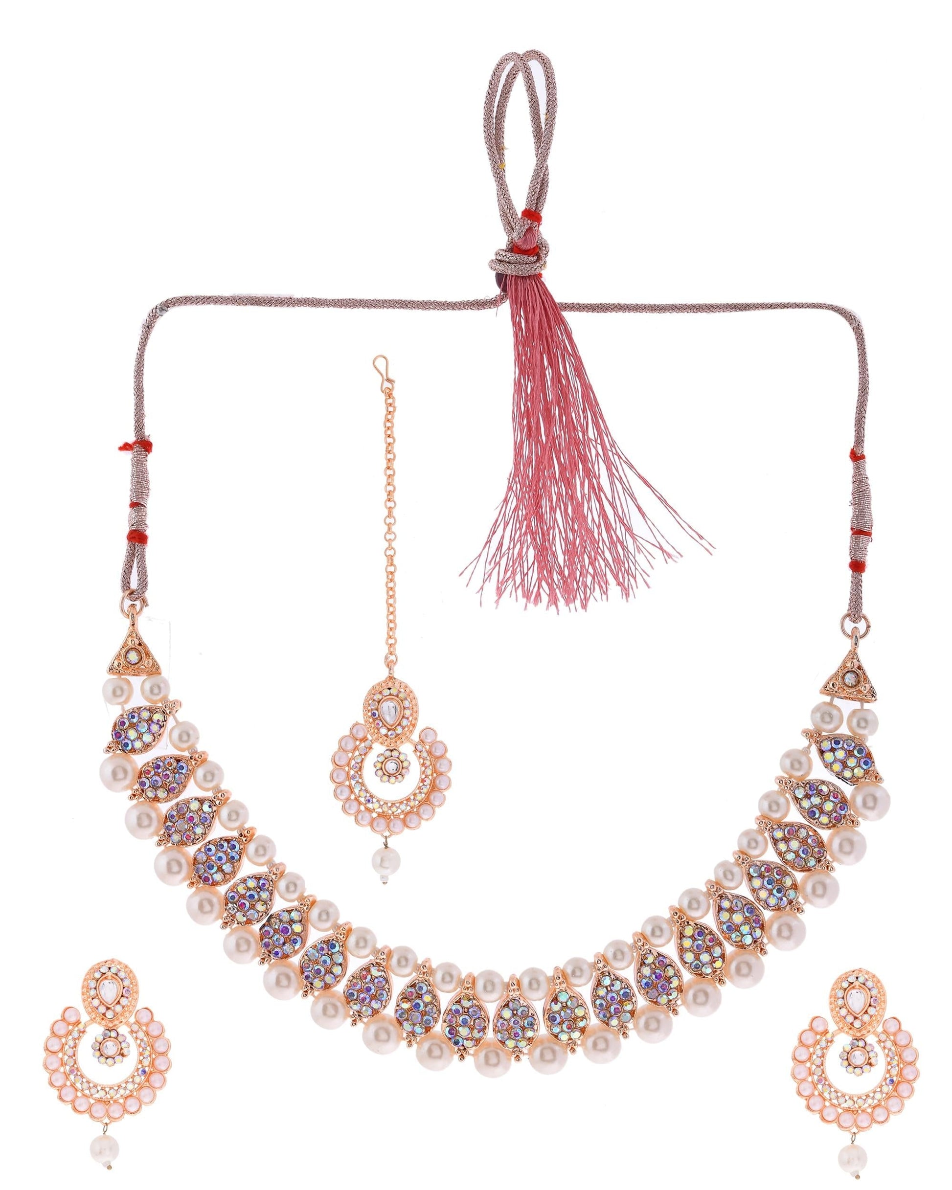VOJ Gold-Polished Stone And White Beaded Choker Jewellery Set With Maang Tikka 