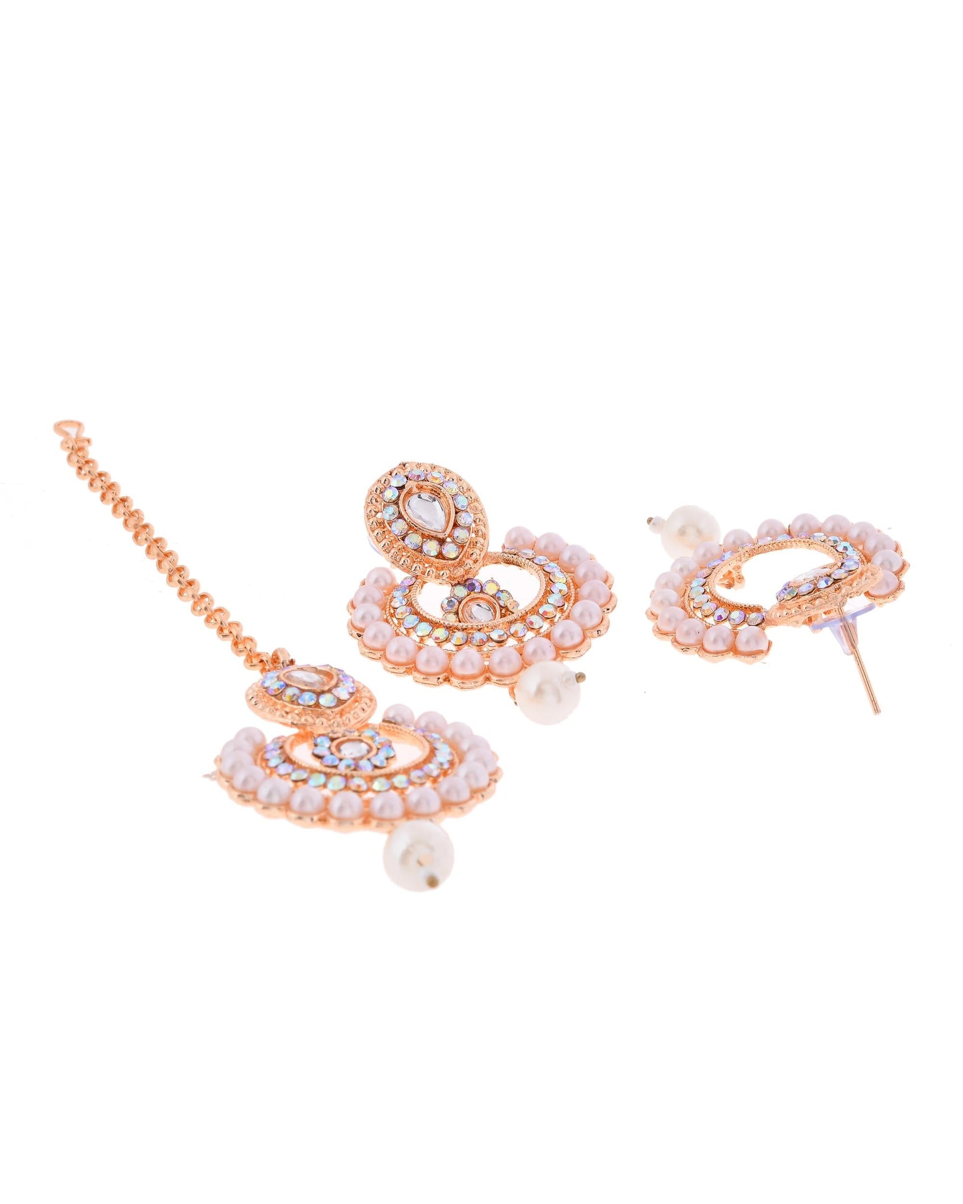 VOJ Gold-Polished Stone And White Beaded Choker Jewellery Set With Maang Tikka 