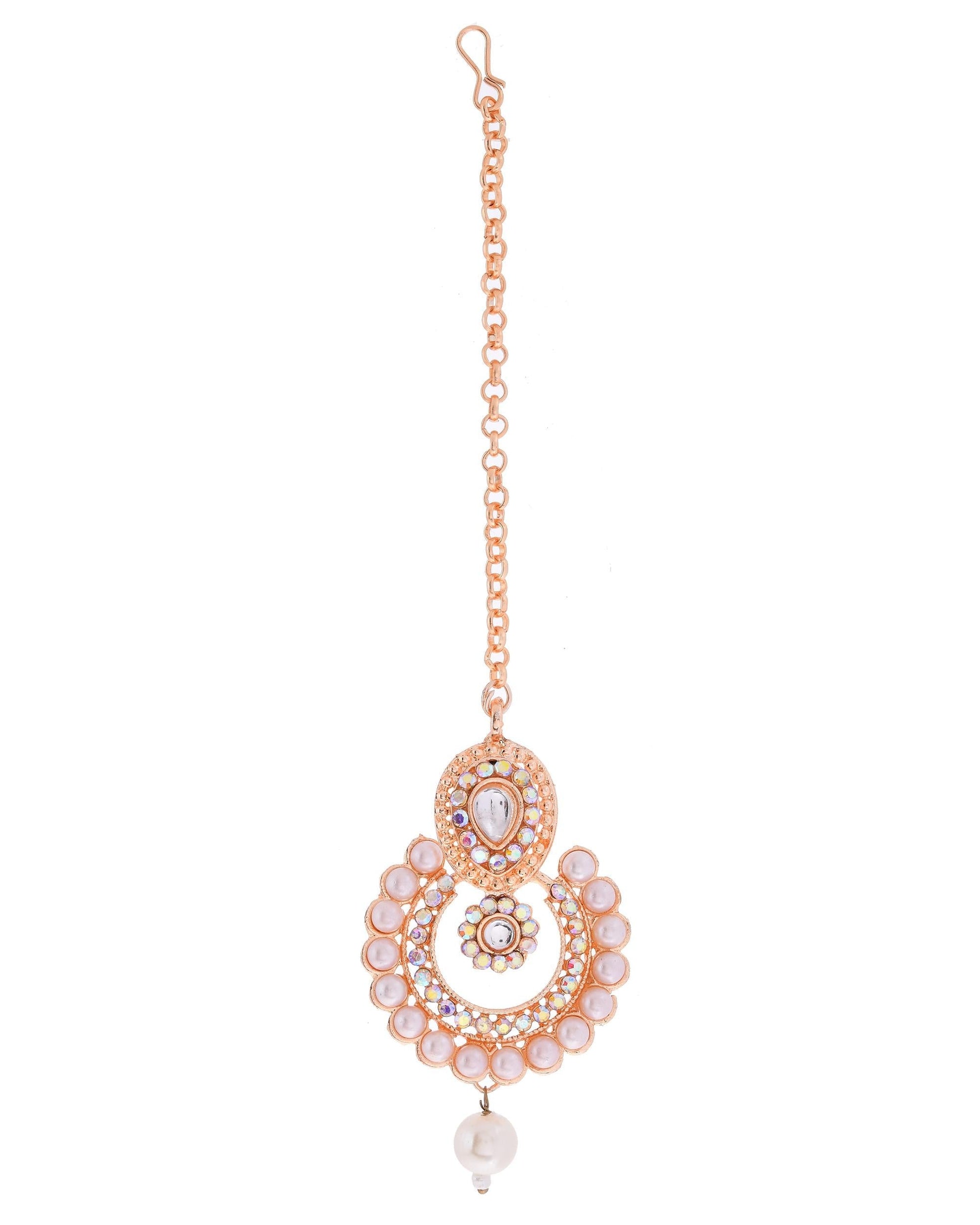 VOJ Gold-Polished Stone And White Beaded Choker Jewellery Set With Maang Tikka 