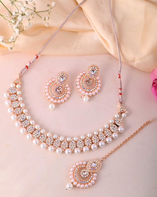 VOJ Gold-Polished Stone And White Beaded Choker Jewellery Set With Maang Tikka 