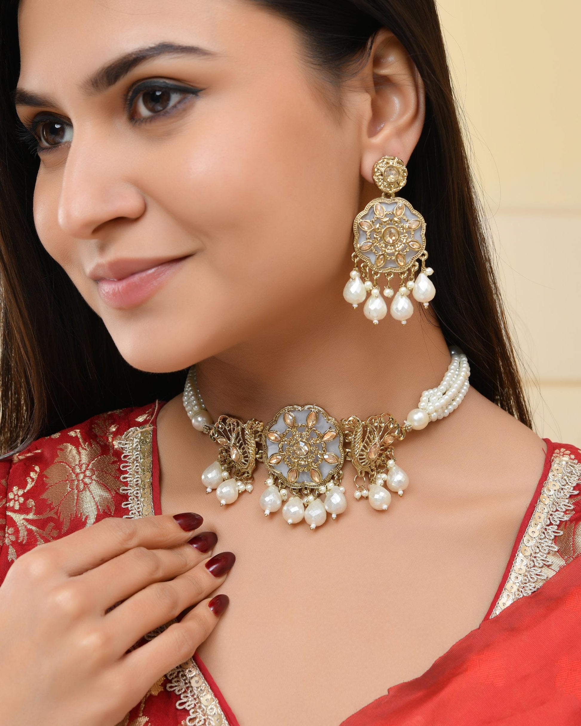 VOJ Gold-Polished Kundan And White Beaded Jewellery Set VOJ (Valley Of Jewellery)