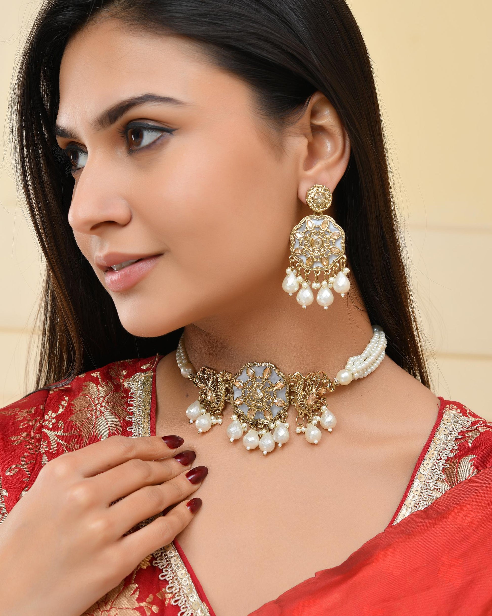 VOJ Gold-Polished Kundan And White Beaded Jewellery Set VOJ (Valley Of Jewellery)