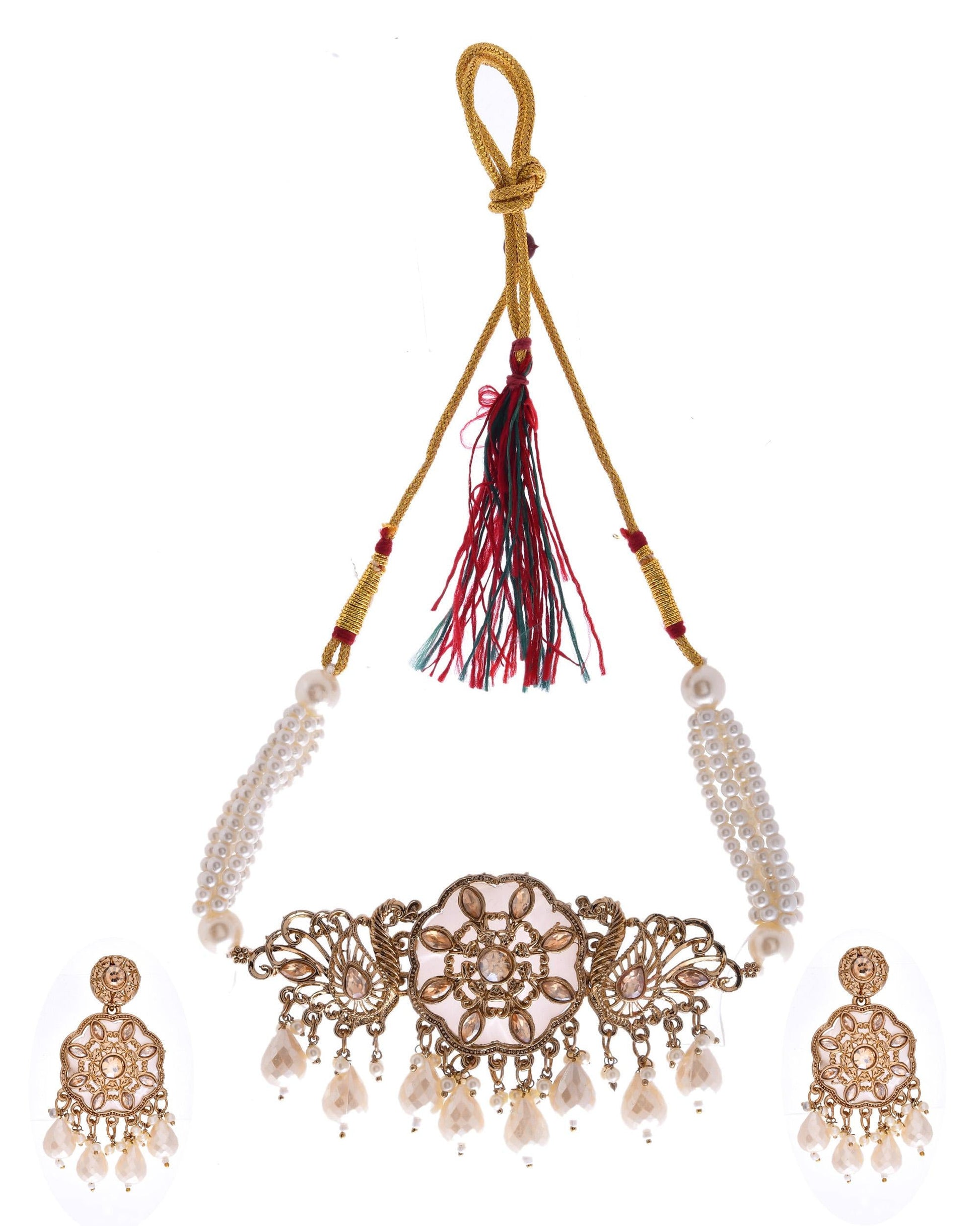 VOJ Gold-Polished Kundan And White Beaded Jewellery Set VOJ (Valley Of Jewellery)