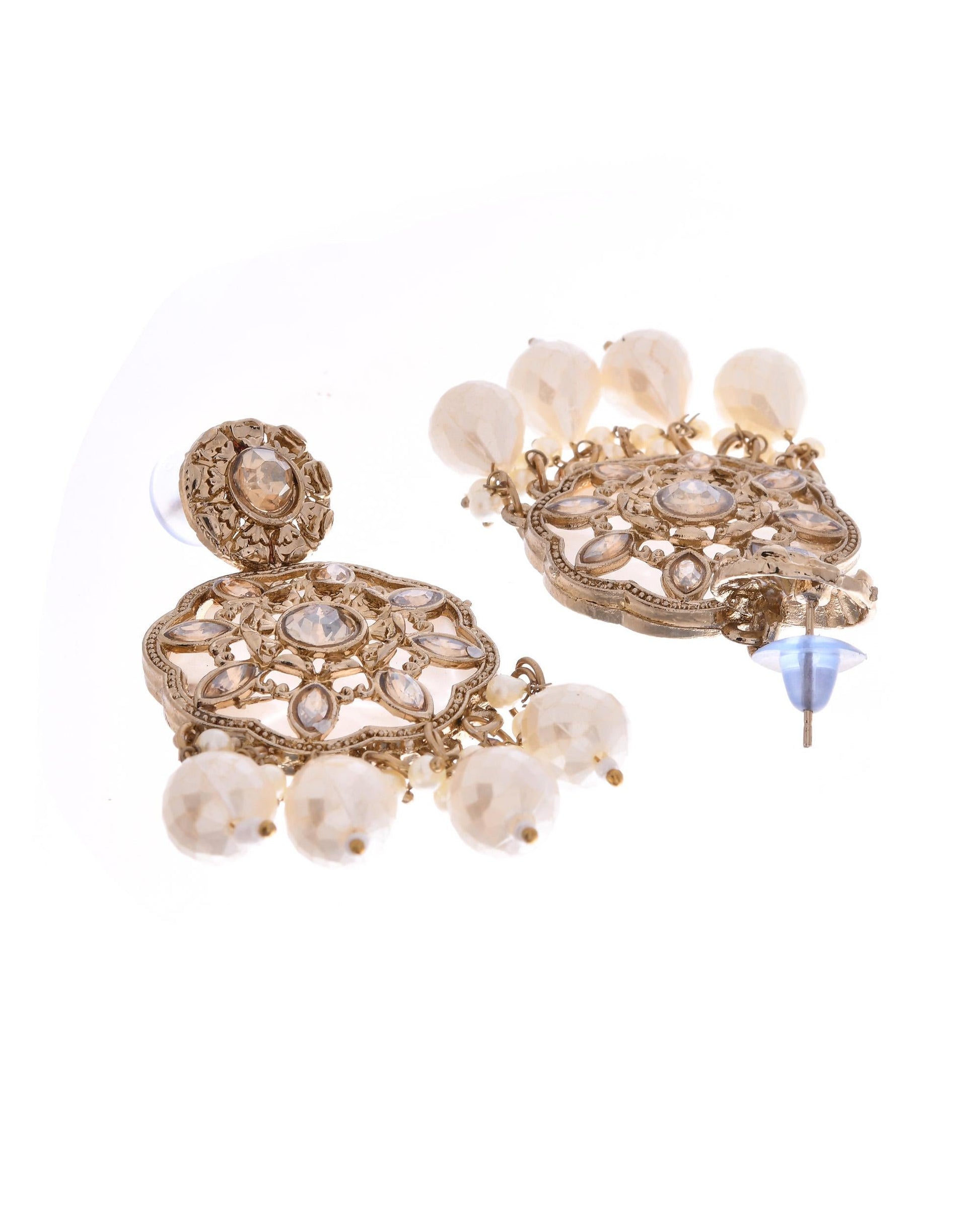 VOJ Gold-Polished Kundan And White Beaded Jewellery Set VOJ (Valley Of Jewellery)