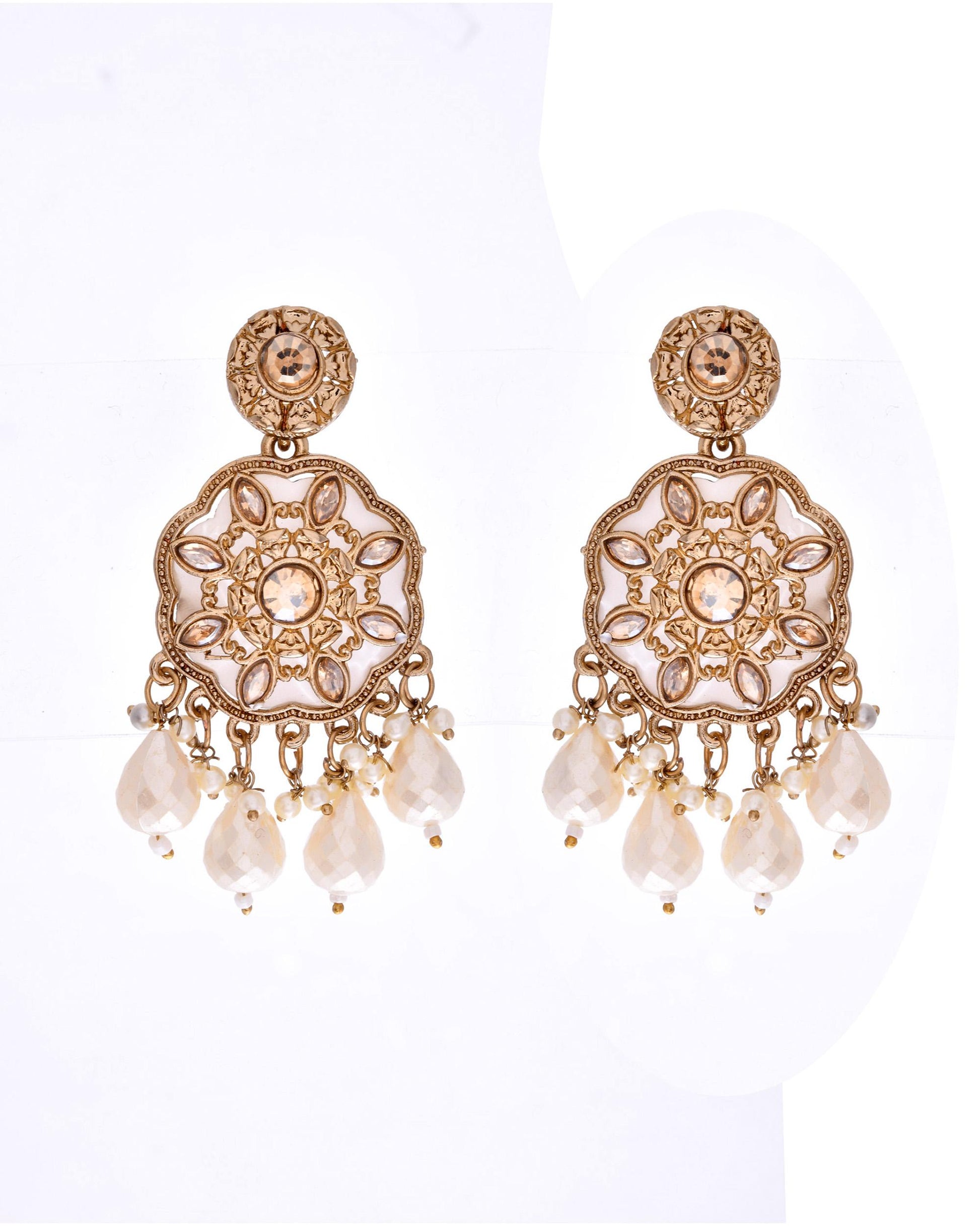 VOJ Gold-Polished Kundan And White Beaded Jewellery Set VOJ (Valley Of Jewellery)