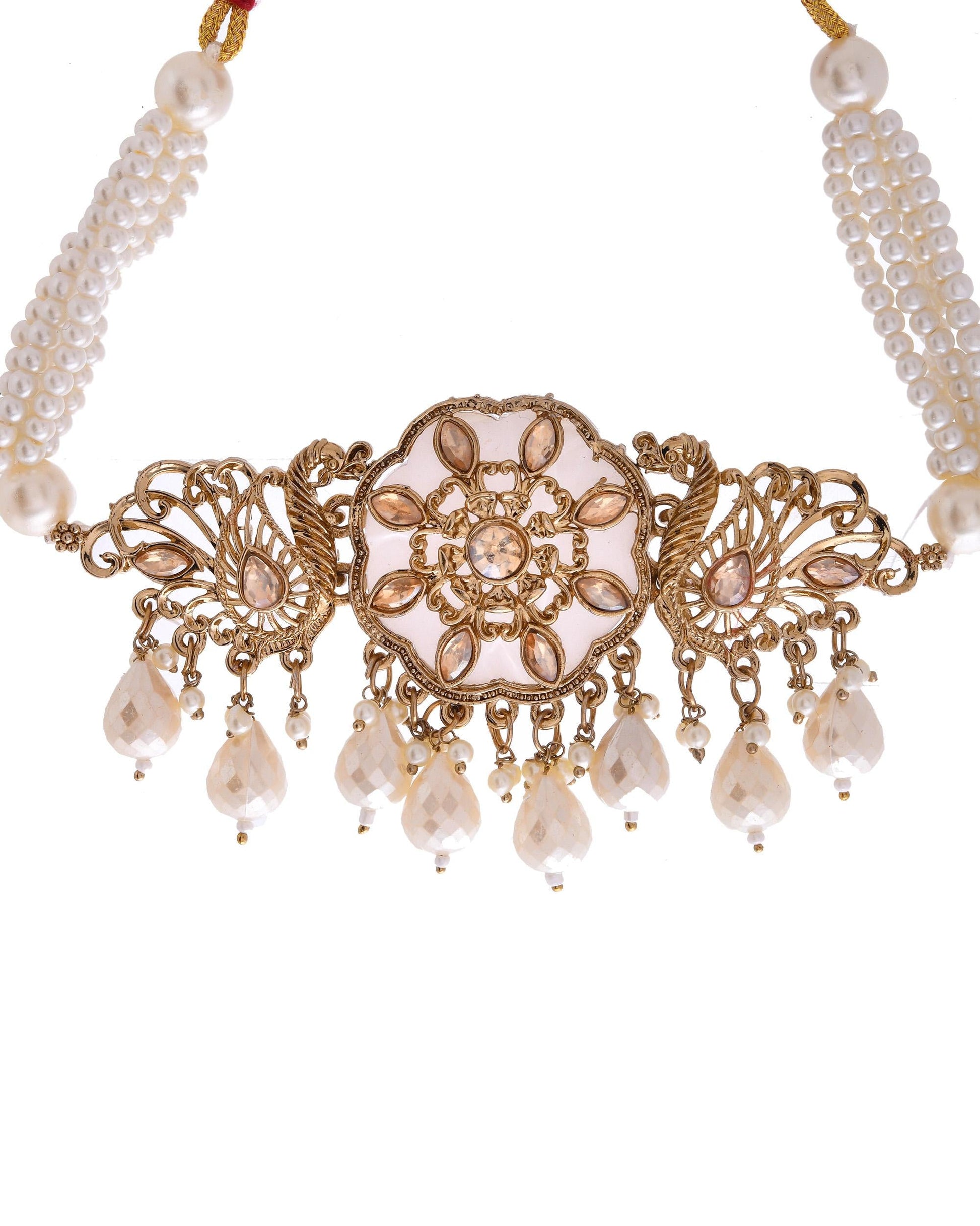 VOJ Gold-Polished Kundan And White Beaded Jewellery Set VOJ (Valley Of Jewellery)