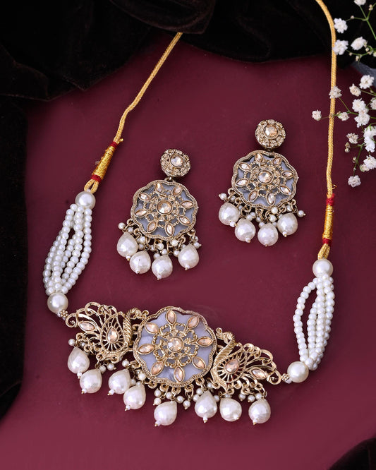 VOJ Gold-Polished Kundan And White Beaded Jewellery Set VOJ (Valley Of Jewellery)