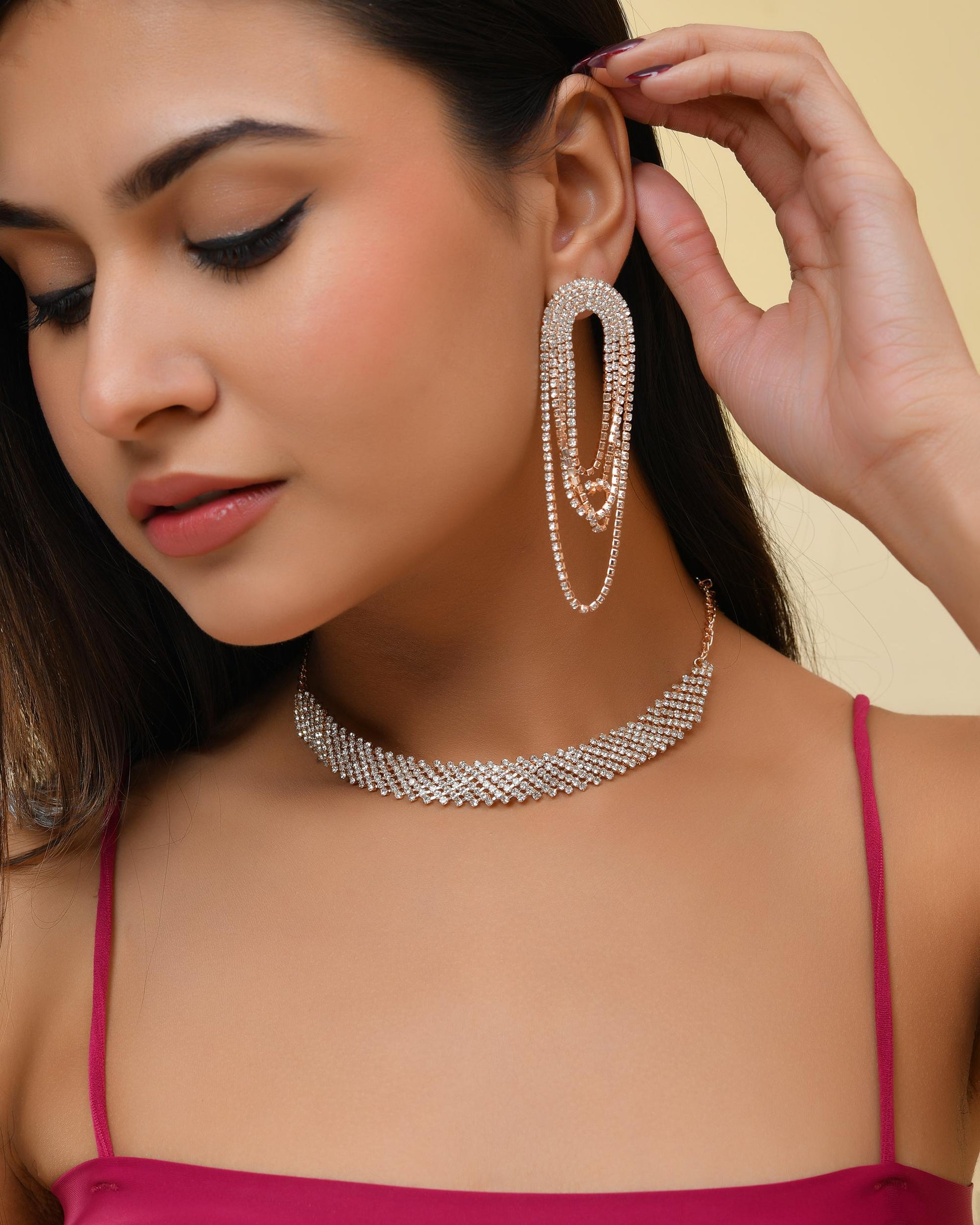 VOJ Gold-Polished Stone Studded Necklace With Earrings Set VOJ (Valley Of Jewellery)