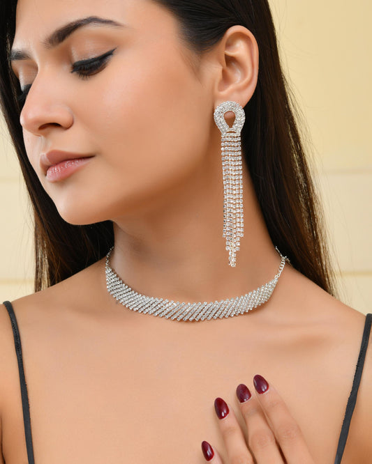VOJ Silver Plated Stone Studded Necklace With Earrings Set VOJ (Valley Of Jewellery)