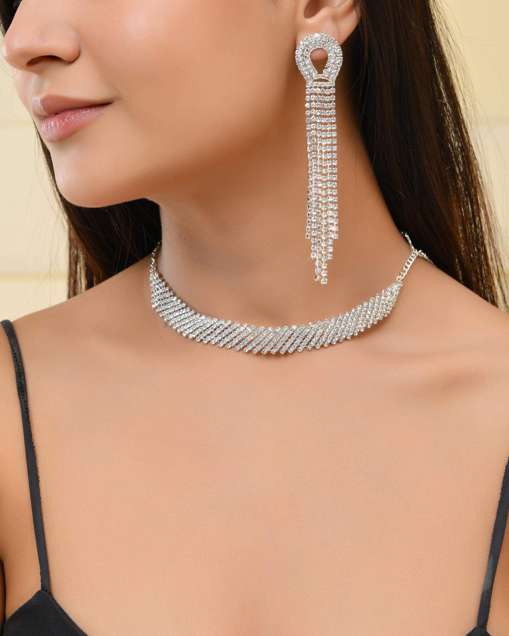 VOJ Silver Plated Stone Studded Necklace With Earrings Set VOJ (Valley Of Jewellery)