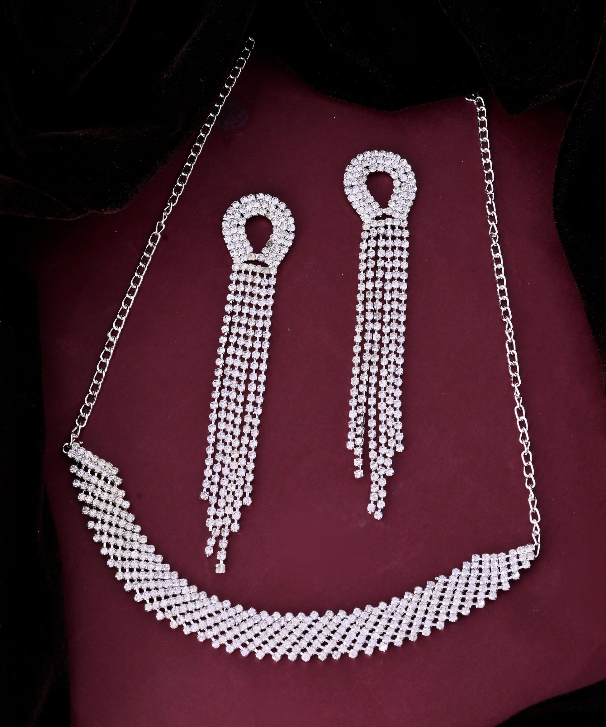 VOJ Silver Plated Stone Studded Necklace With Earrings Set VOJ (Valley Of Jewellery)