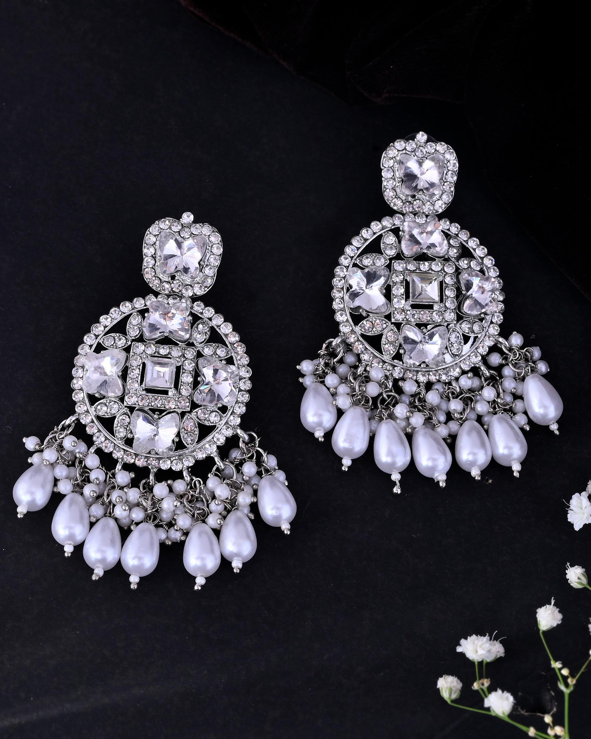 VOJ Silver Plated Stone Studded Crescent Shaped Earrings VOJ (Valley Of Jewellery)