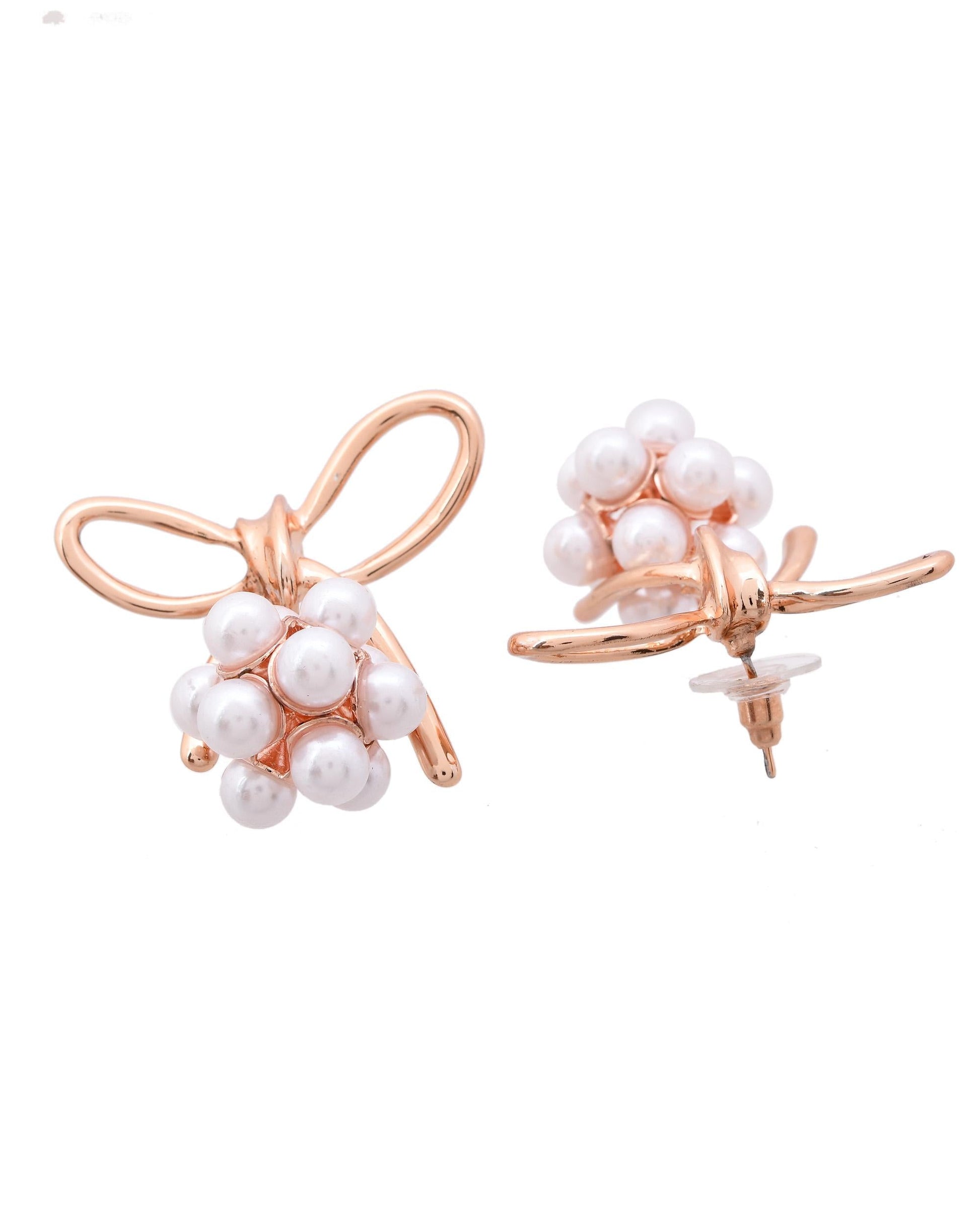 VOJ Rose Gold-Polished Pearl With Bow Shaped Designer Earrings VOJ (Valley Of Jewellery)