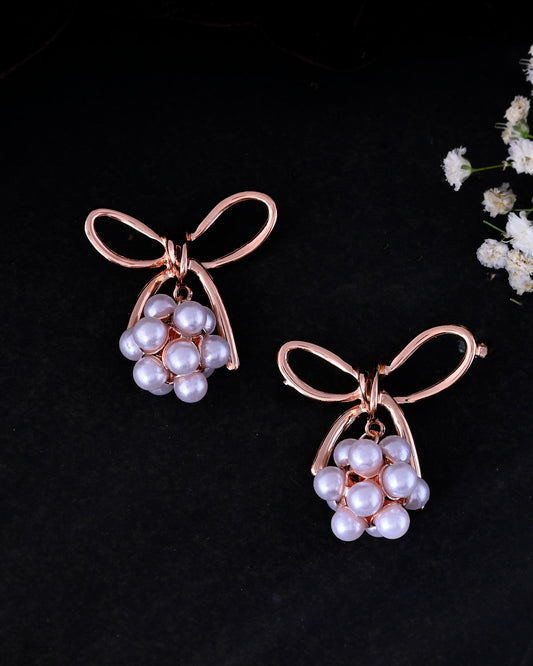 VOJ Rose Gold-Polished Pearl With Bow Shaped Designer Earrings - Swadesiicart