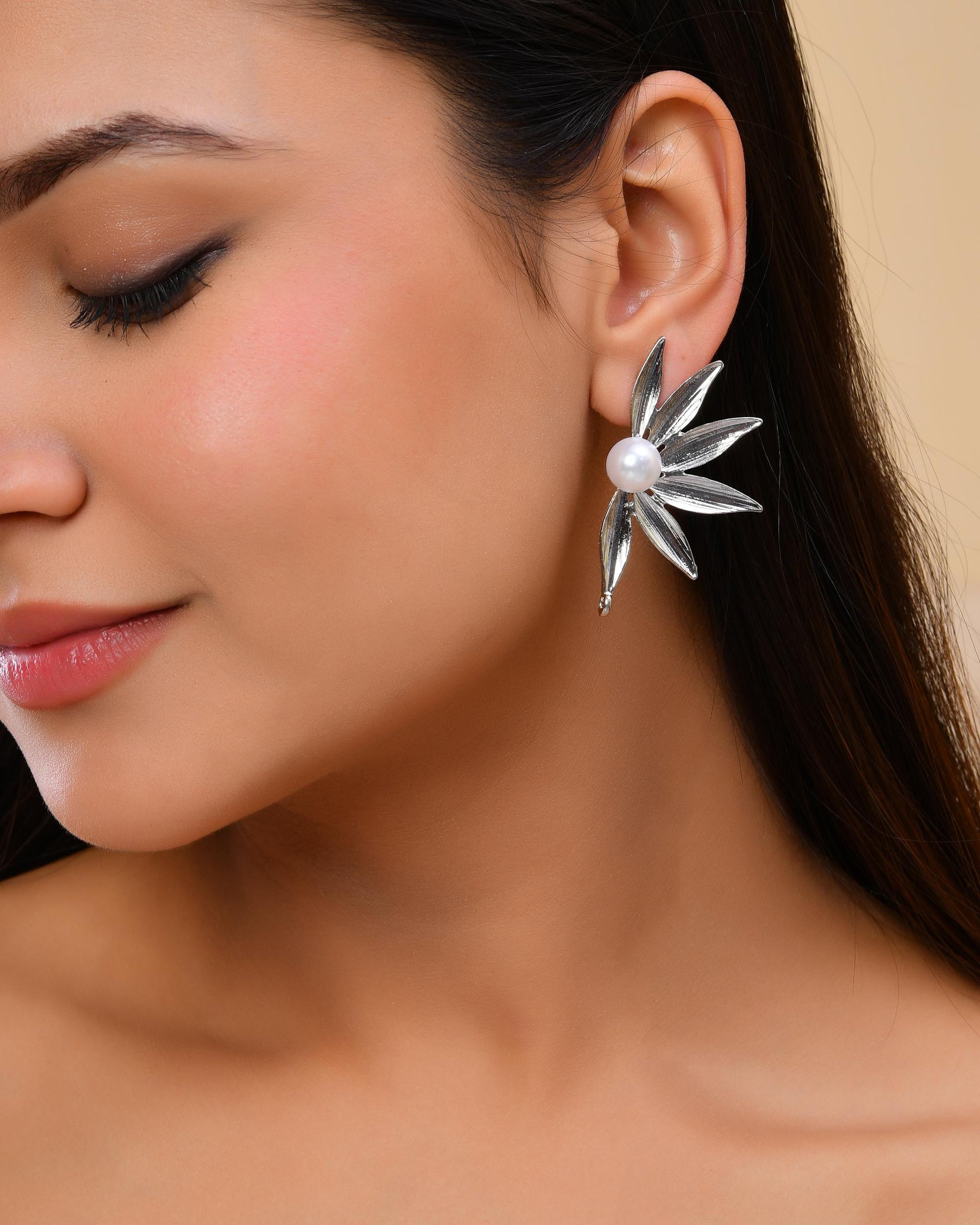 VOJ Silver Plated Stainless Steel Pearl Flower Shaped Studs VOJ (Valley Of Jewellery)