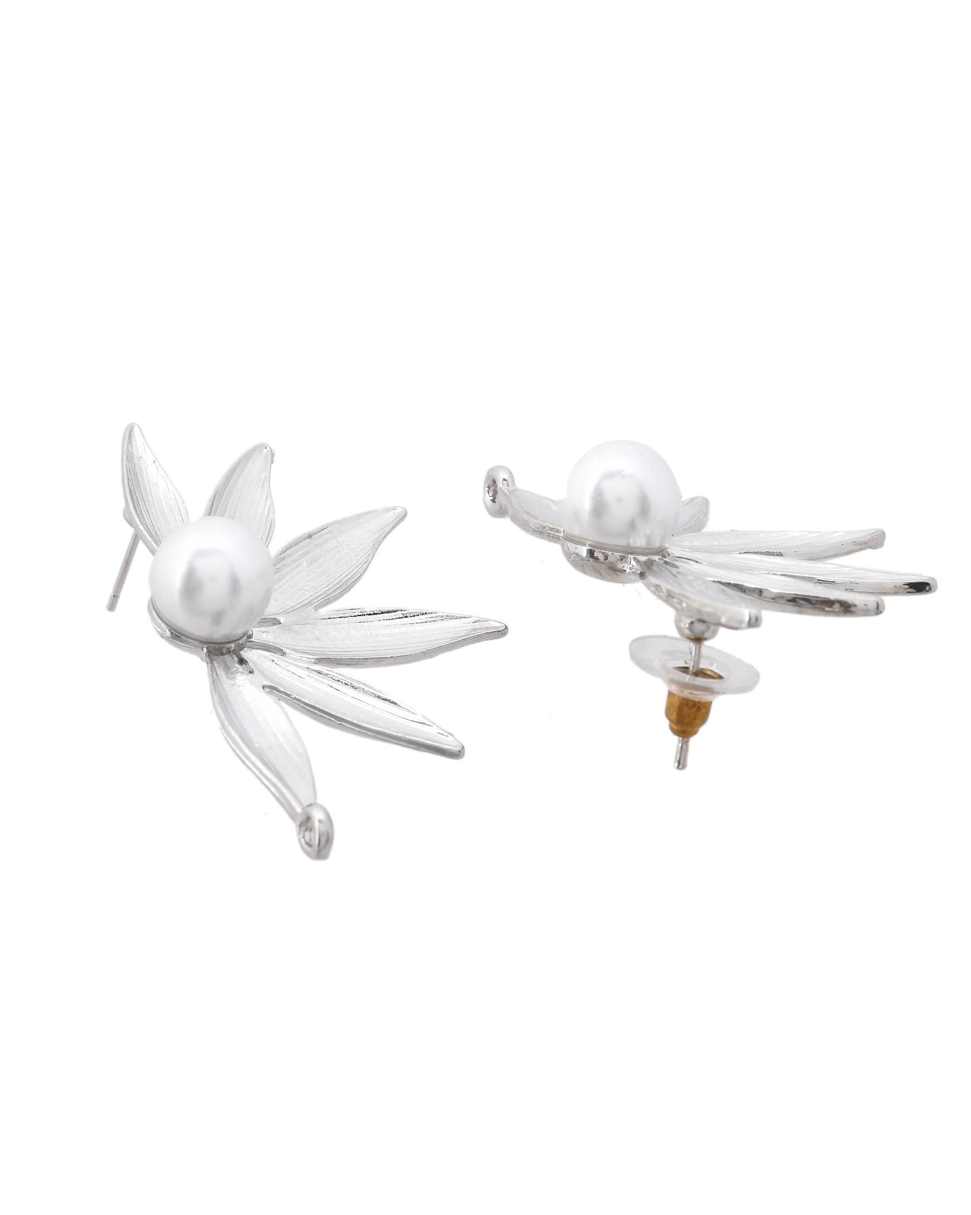VOJ Silver Plated Stainless Steel Pearl Flower Shaped Studs VOJ (Valley Of Jewellery)