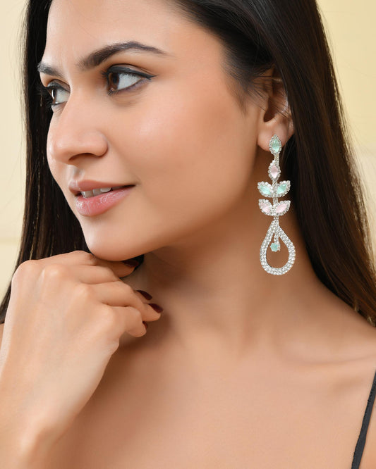 VOJ Silver-Toned Mind Green And Pink Teardrop Shaped Drop Earrings VOJ (Valley Of Jewellery)