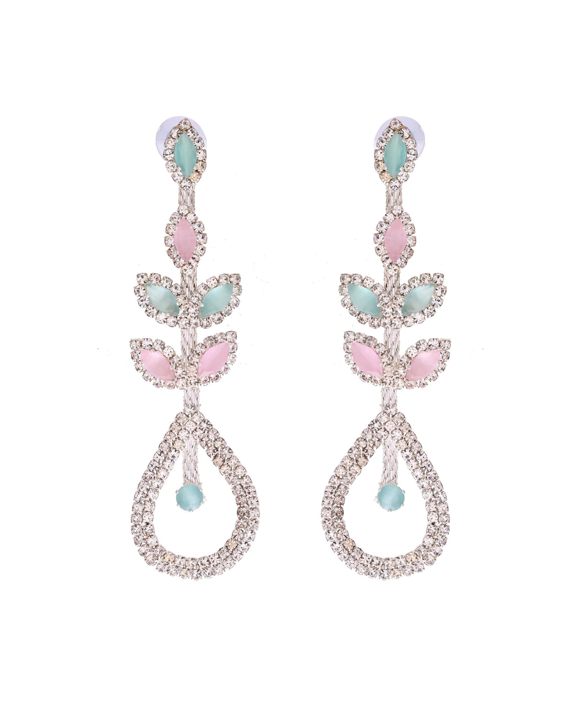 VOJ Silver-Toned Mind Green And Pink Teardrop Shaped Drop Earrings VOJ (Valley Of Jewellery)