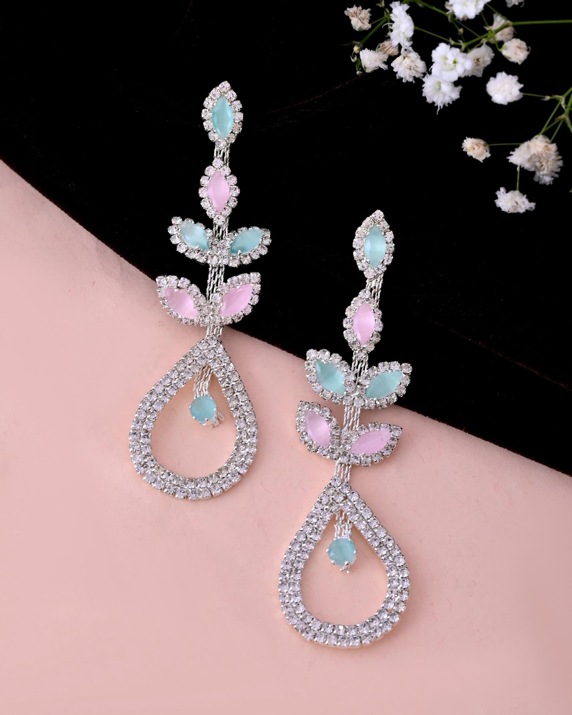 VOJ Silver-Toned Mind Green And Pink Teardrop Shaped Drop Earrings VOJ (Valley Of Jewellery)