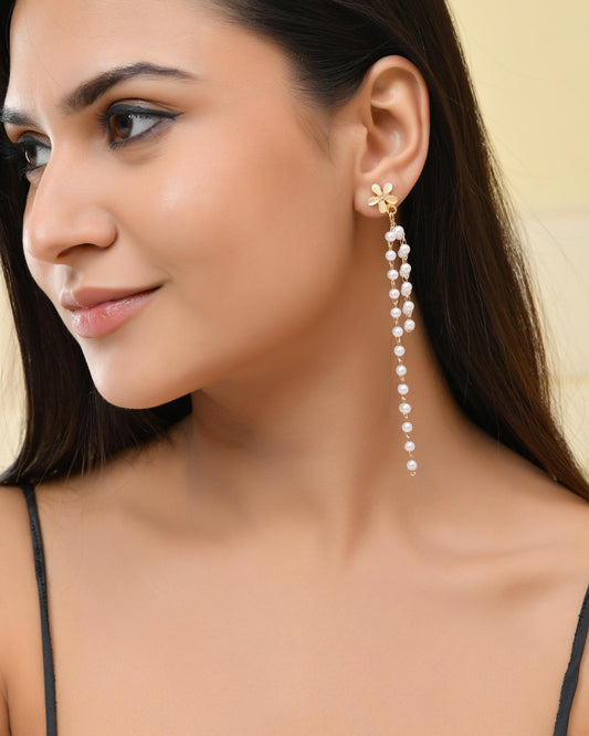 VOJ Gold-Polished Flower Stone Studded & Beaded Acrylic Drop Earrings VOJ (Valley Of Jewellery)