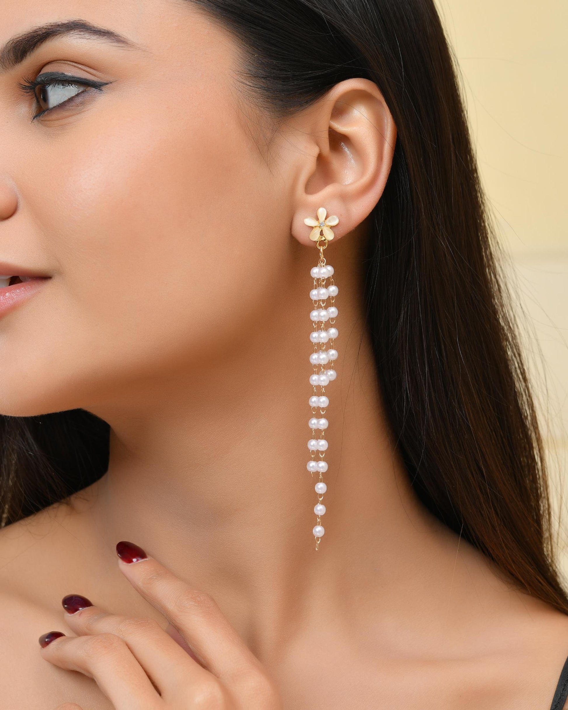 VOJ Gold-Polished Flower Stone Studded & Beaded Acrylic Drop Earrings VOJ (Valley Of Jewellery)