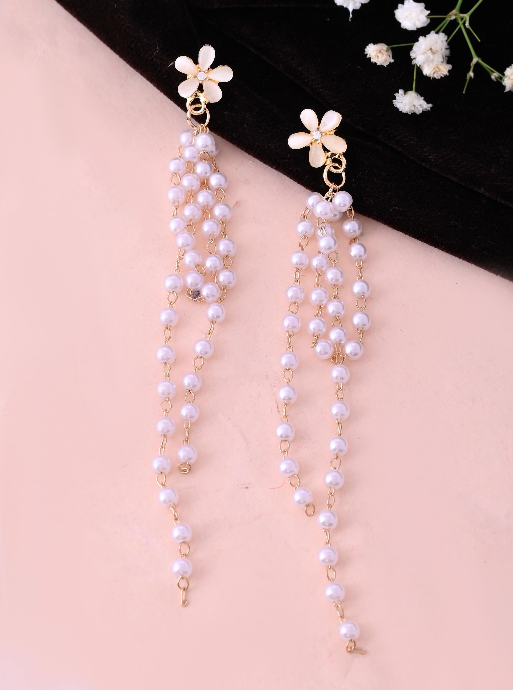 VOJ Gold-Polished Flower Stone Studded & Beaded Acrylic Drop Earrings VOJ (Valley Of Jewellery)