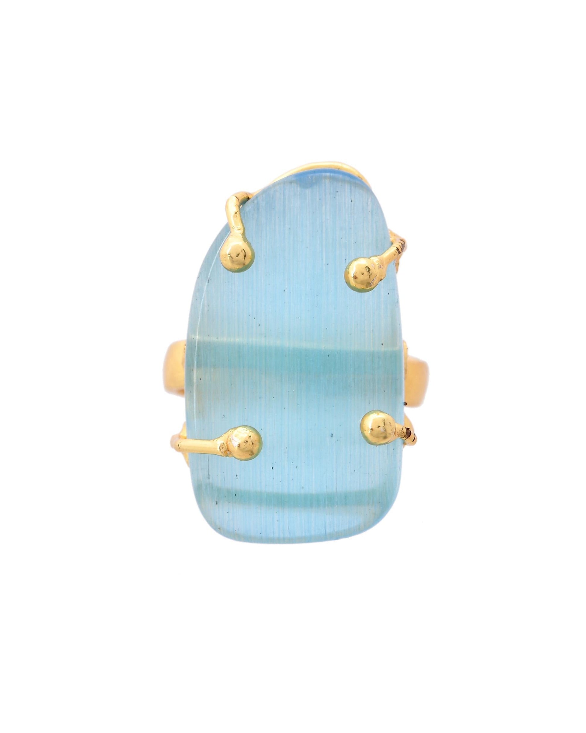 VOJ Gold-Polished Light Blue Stone Studded Ring 