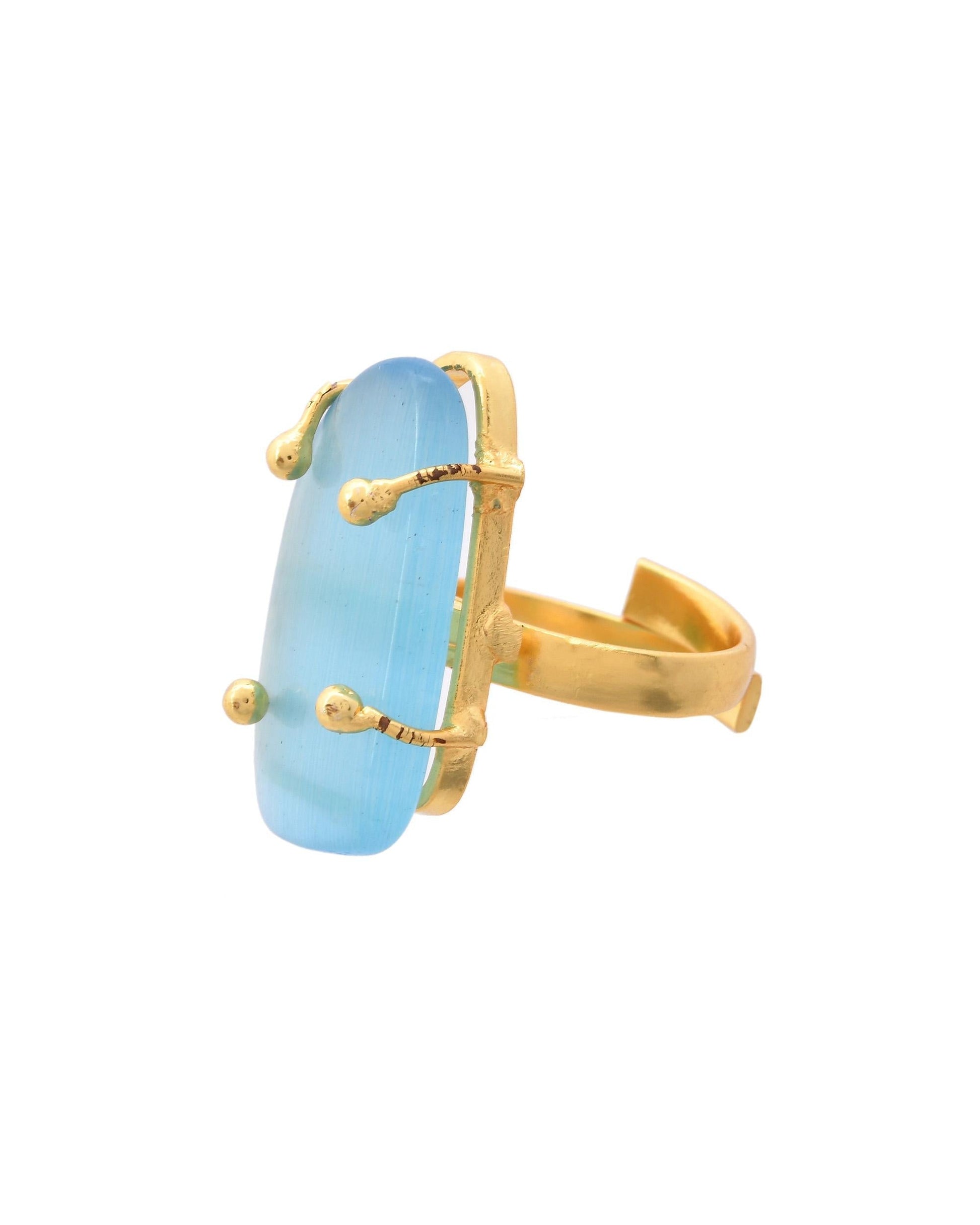 VOJ Gold-Polished Light Blue Stone Studded Ring 