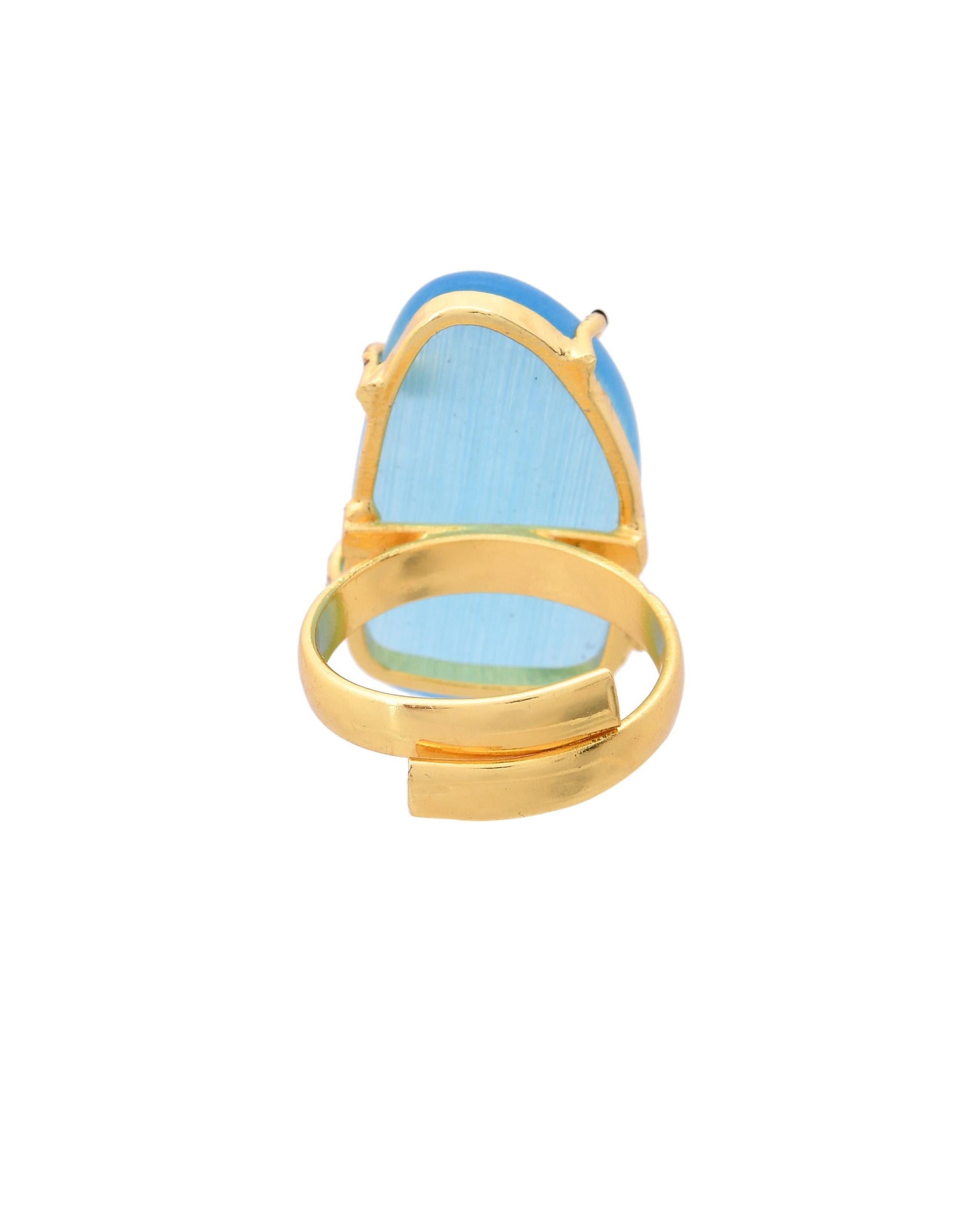 VOJ Gold-Polished Light Blue Stone Studded Ring 