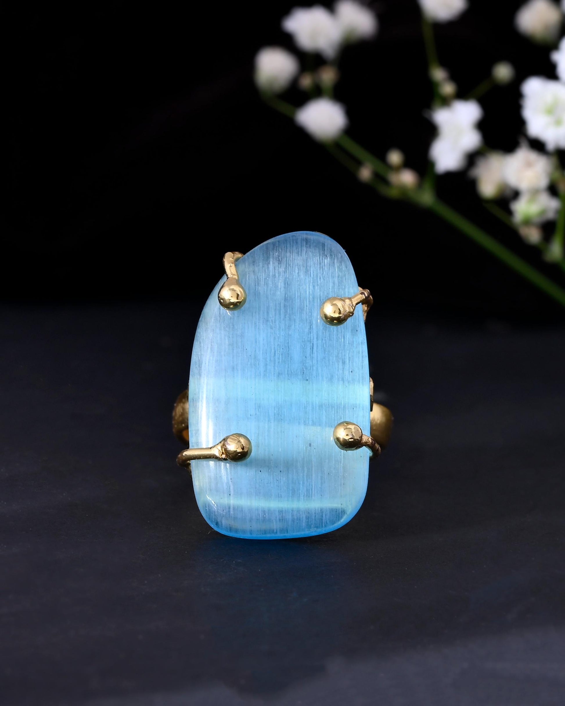 VOJ Gold-Polished Light Blue Stone Studded Ring 