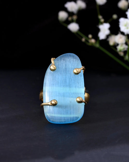 VOJ Gold-Polished Light Blue Stone Studded Ring 