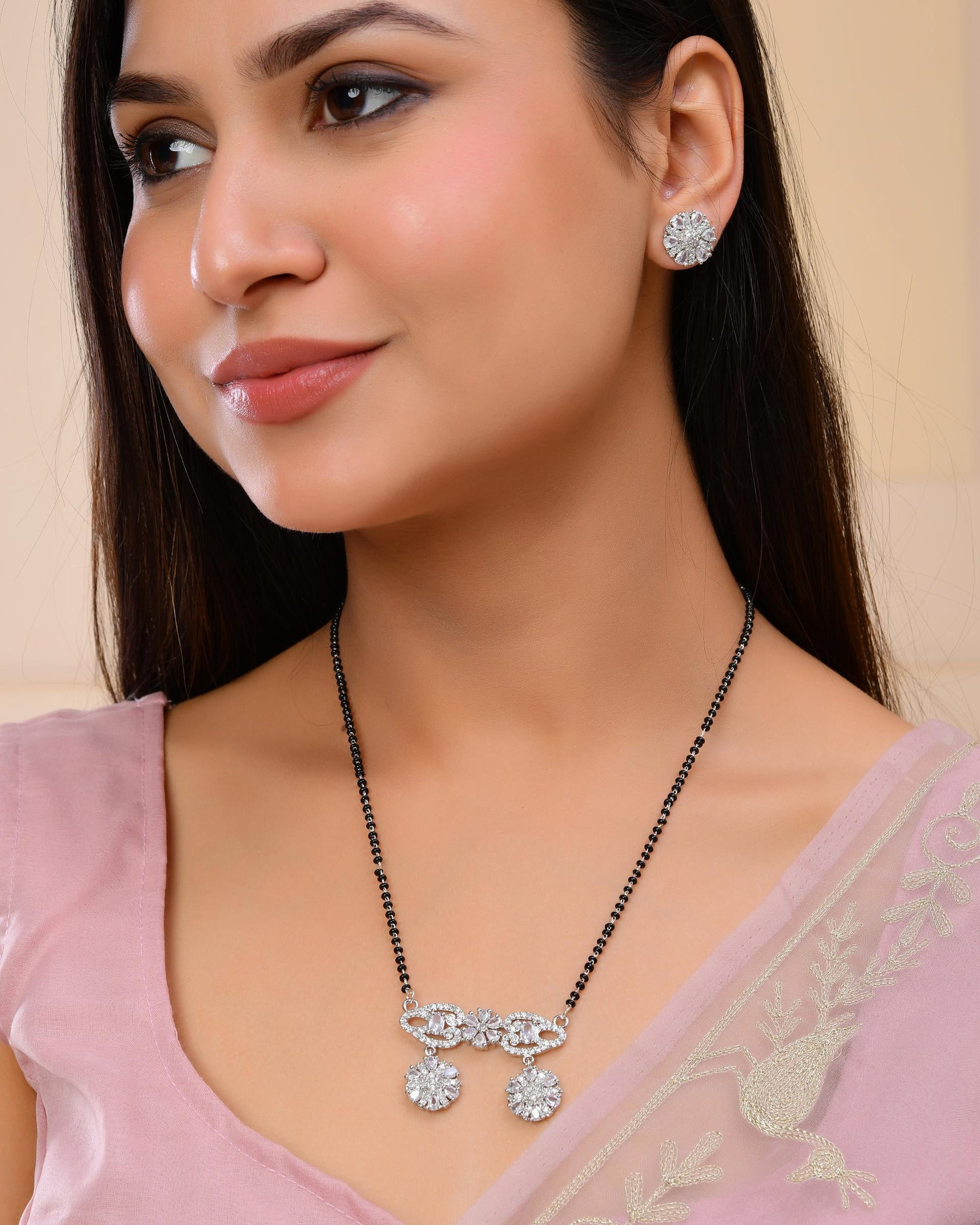 VOJ Silver Plated Ad Stone Studded Designer Mangalsutra Set 