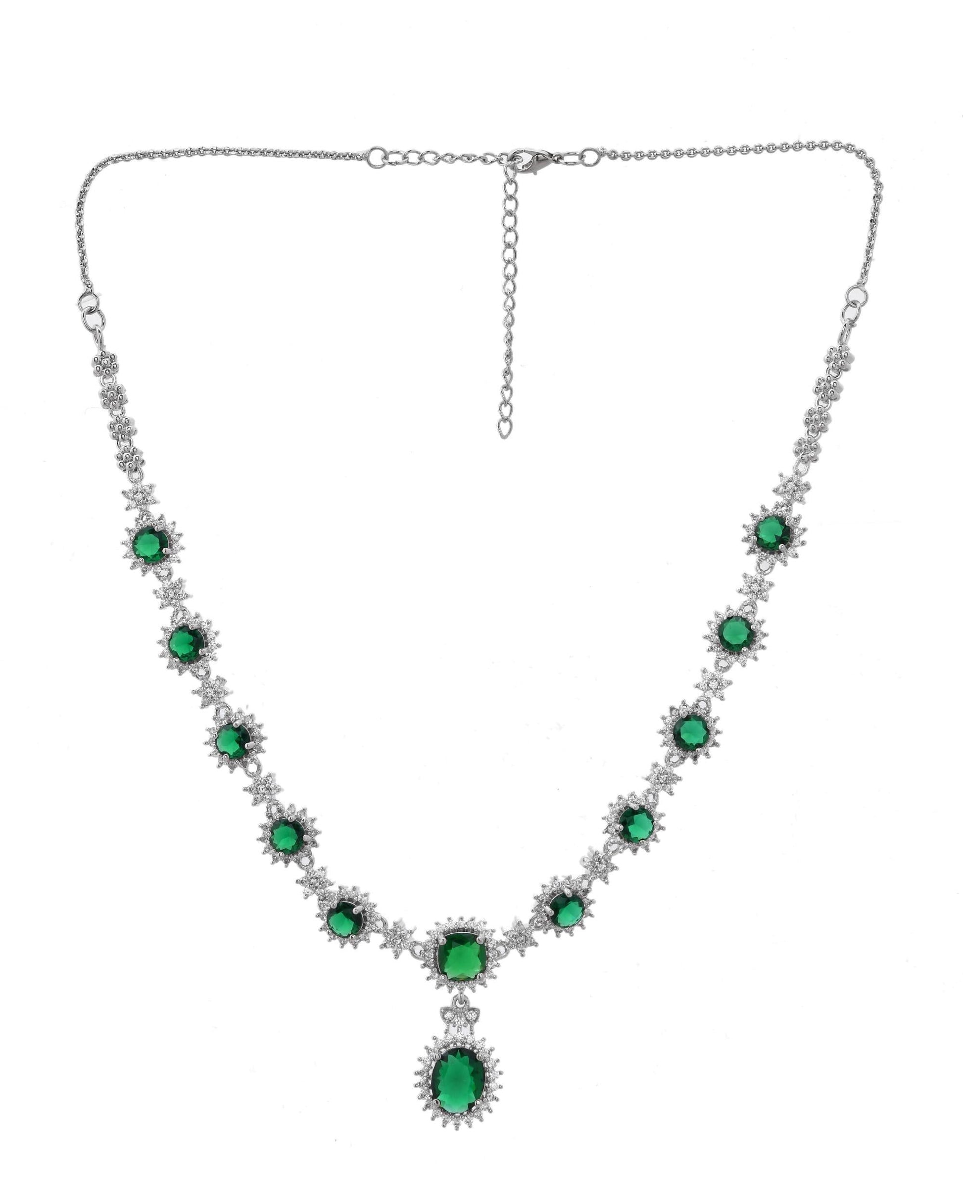 VOJ Silver Plated Green Ad Stone Studded Necklace With Earrings Set VOJ (Valley Of Jewellery)